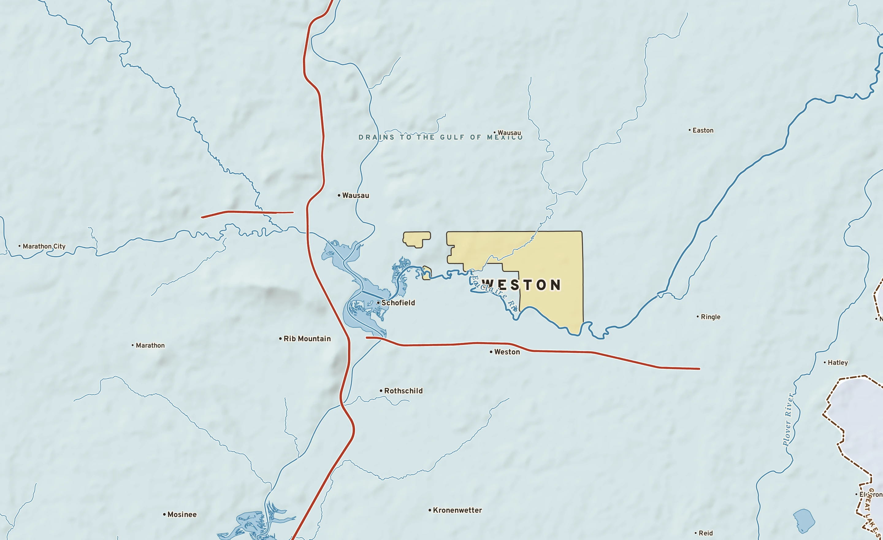 Shaded-relief atlas plate of Weston, Wisconsin: rivers, roads, the city limits and where the water drains.