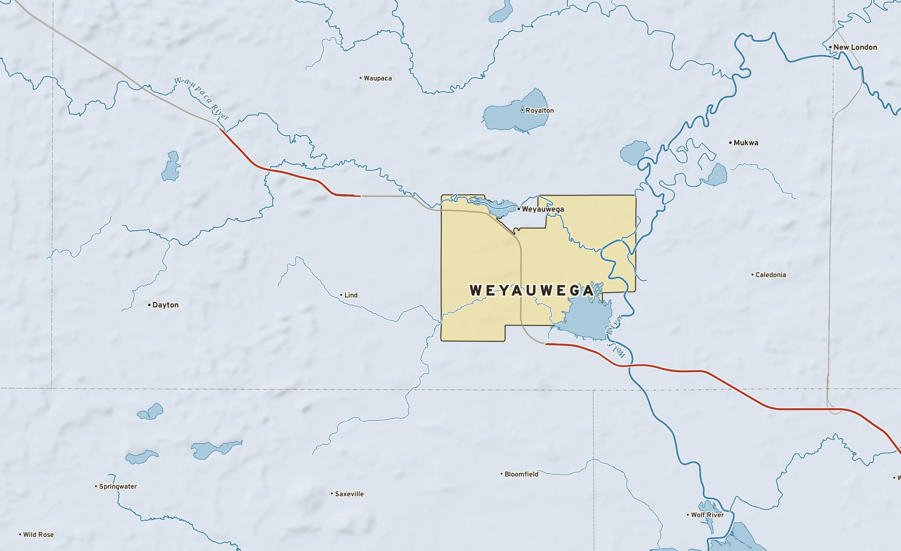Shaded-relief atlas plate of Weyauwega, Wisconsin: rivers, roads, the city limits and where the water drains.
