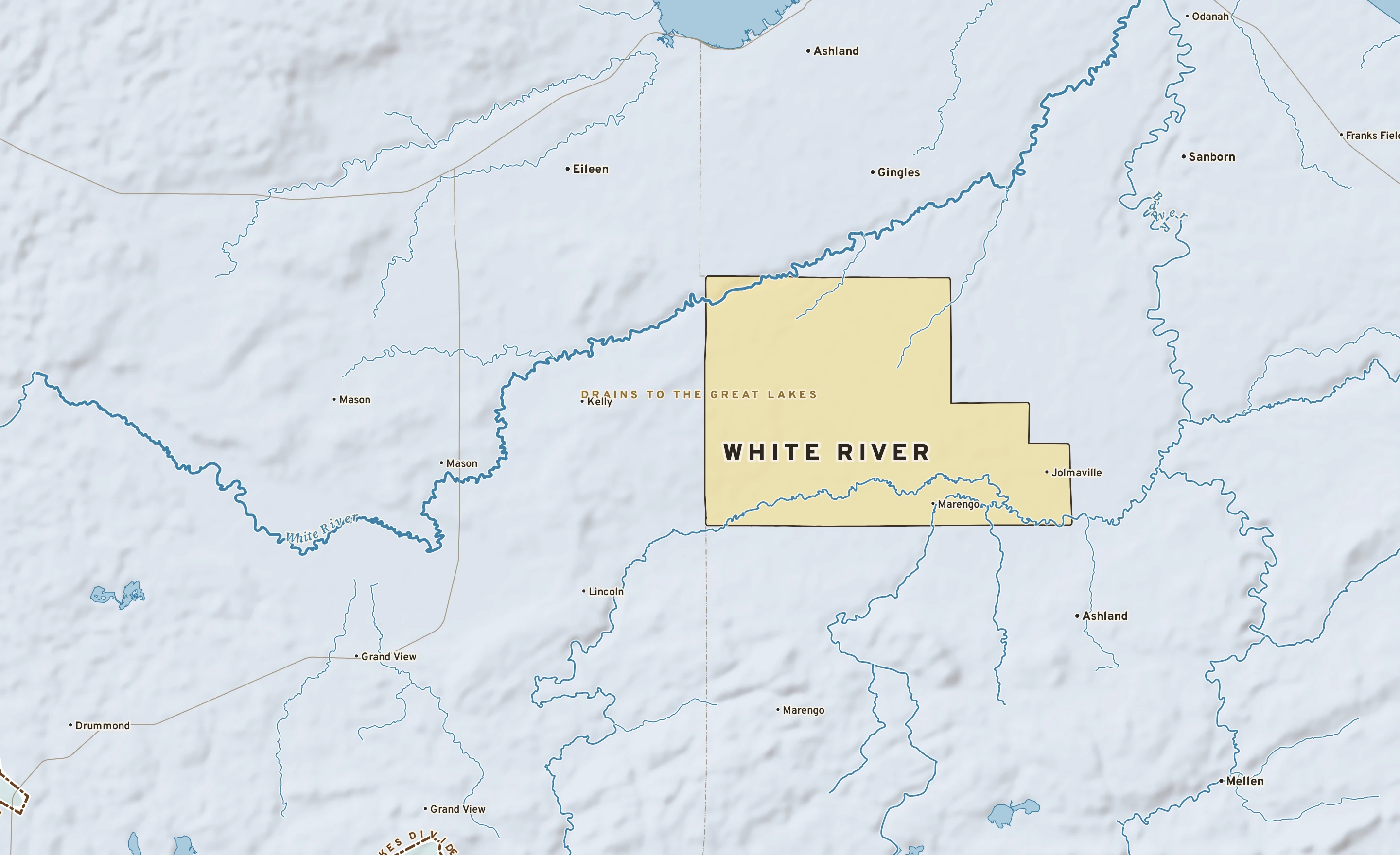 Shaded-relief atlas plate of White River, Wisconsin: rivers, roads, the city limits and where the water drains.