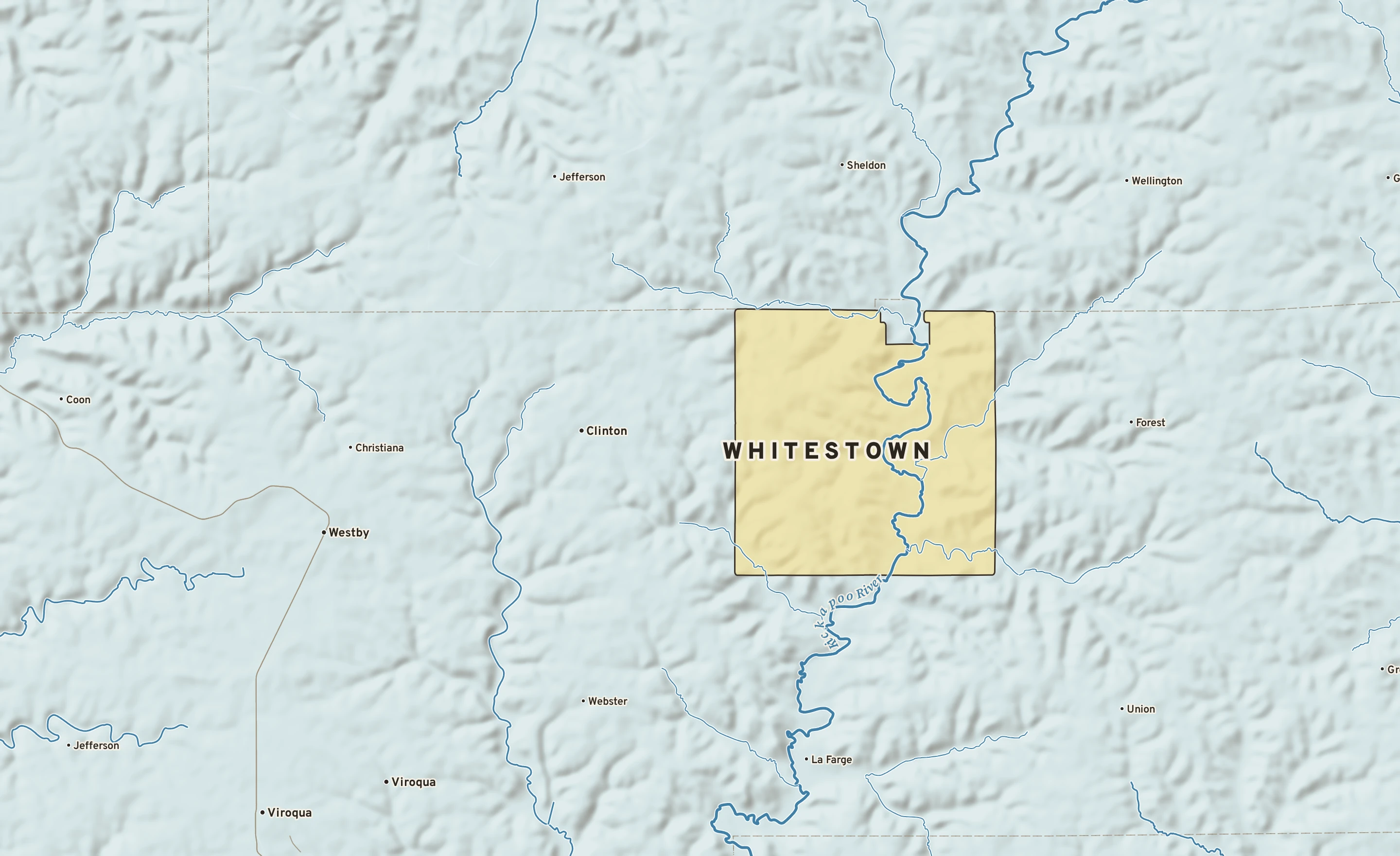 Shaded-relief atlas plate of Whitestown, Wisconsin: rivers, roads, the city limits and where the water drains.
