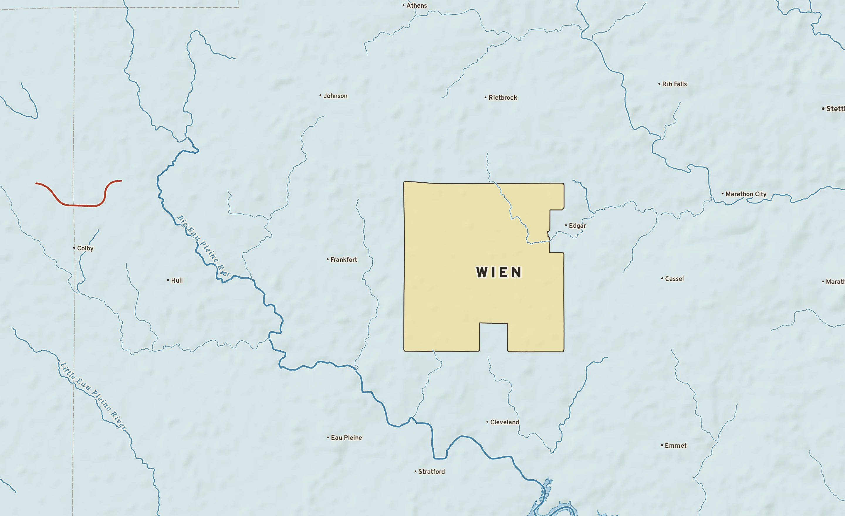 Shaded-relief atlas plate of Wien, Wisconsin: rivers, roads, the city limits and where the water drains.