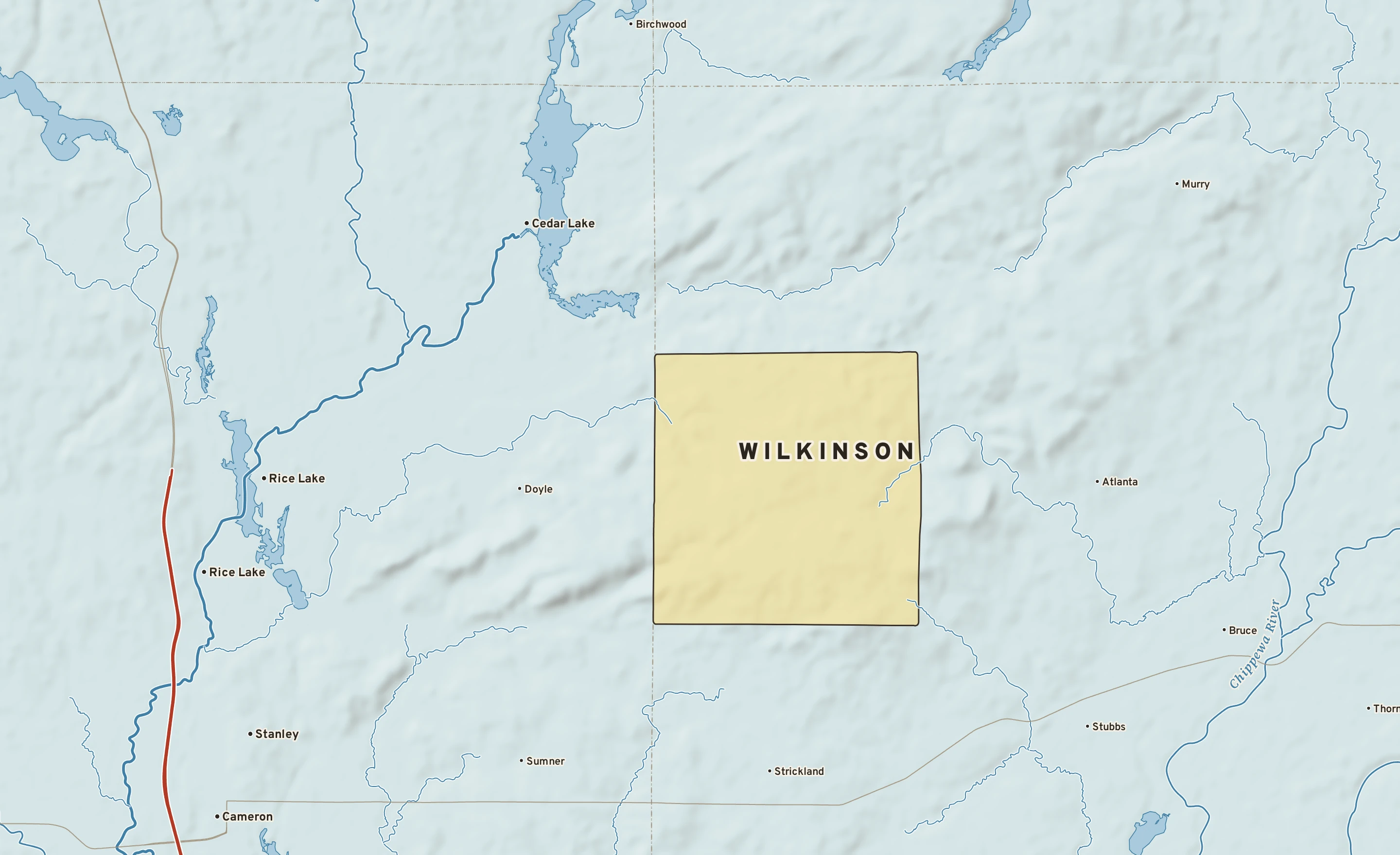 Shaded-relief atlas plate of Wilkinson, Wisconsin: rivers, roads, the city limits and where the water drains.