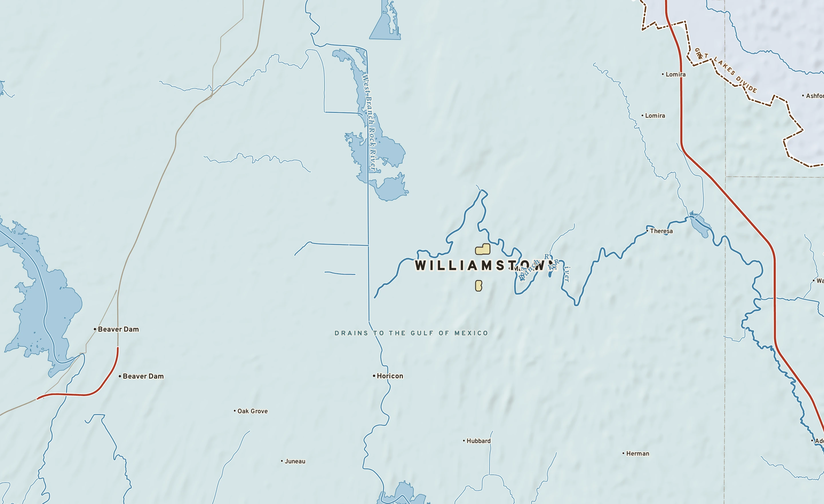 Shaded-relief atlas plate of Williamstown, Wisconsin: rivers, roads, the city limits and where the water drains.