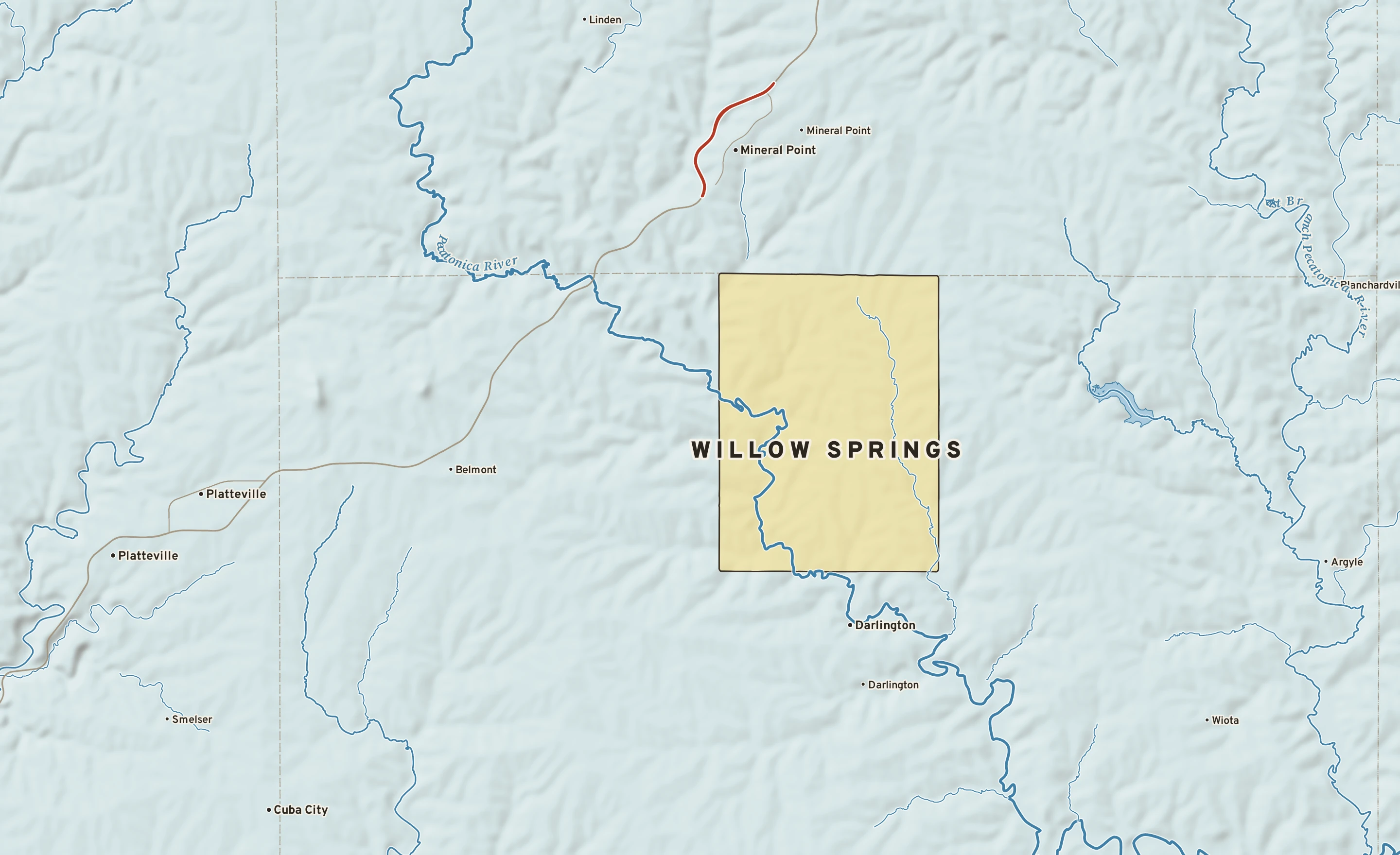 Shaded-relief atlas plate of Willow Springs, Wisconsin: rivers, roads, the city limits and where the water drains.