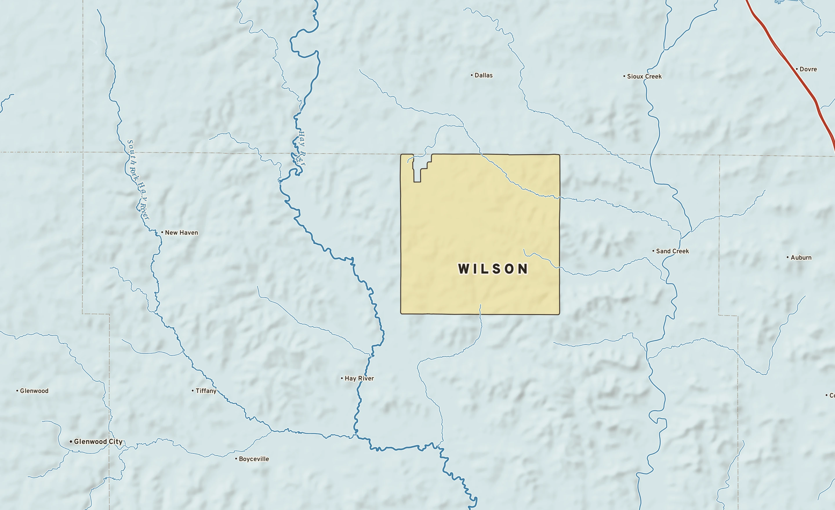Shaded-relief atlas plate of Wilson, Wisconsin: rivers, roads, the city limits and where the water drains.