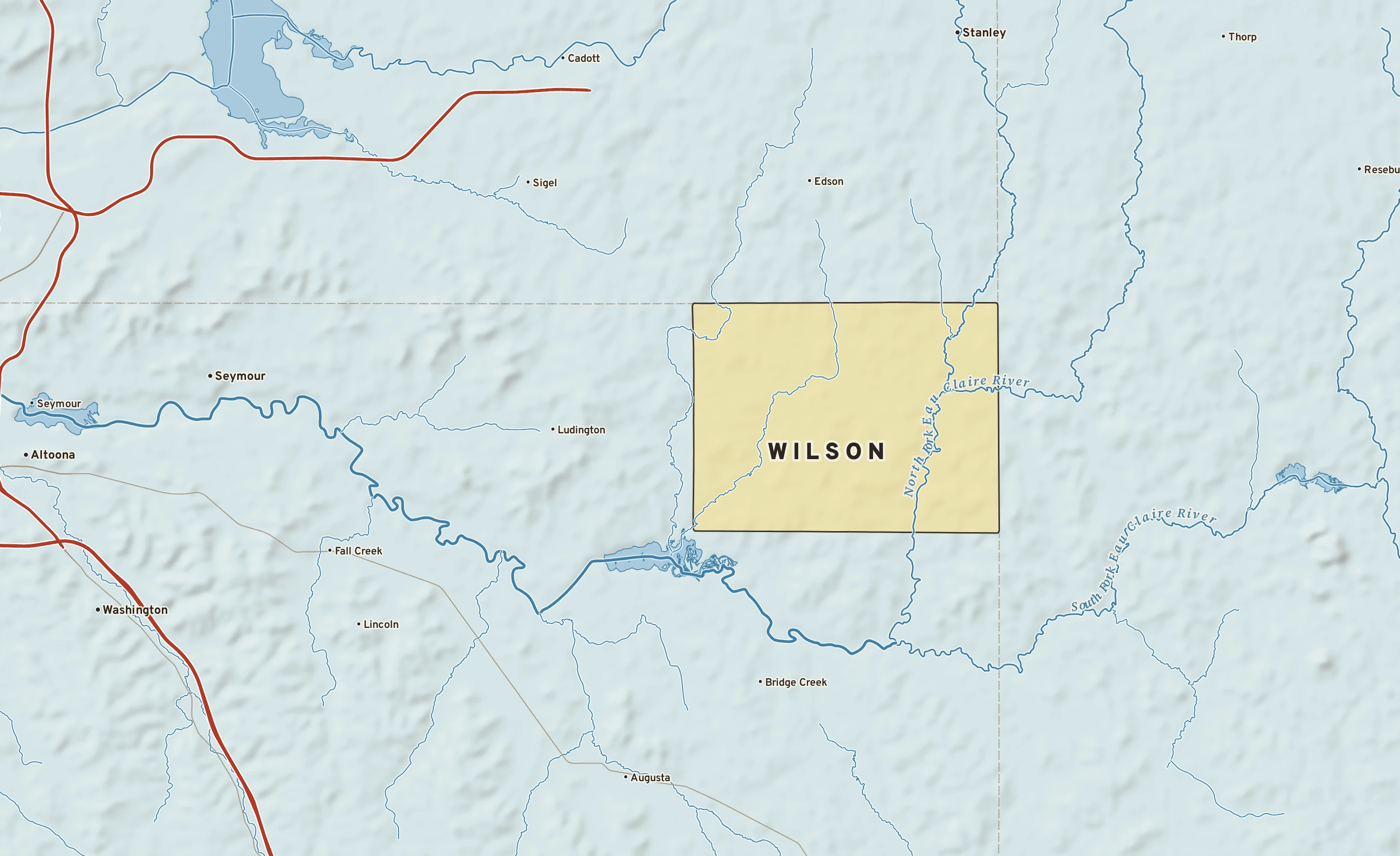 Shaded-relief atlas plate of Wilson, Wisconsin: rivers, roads, the city limits and where the water drains.