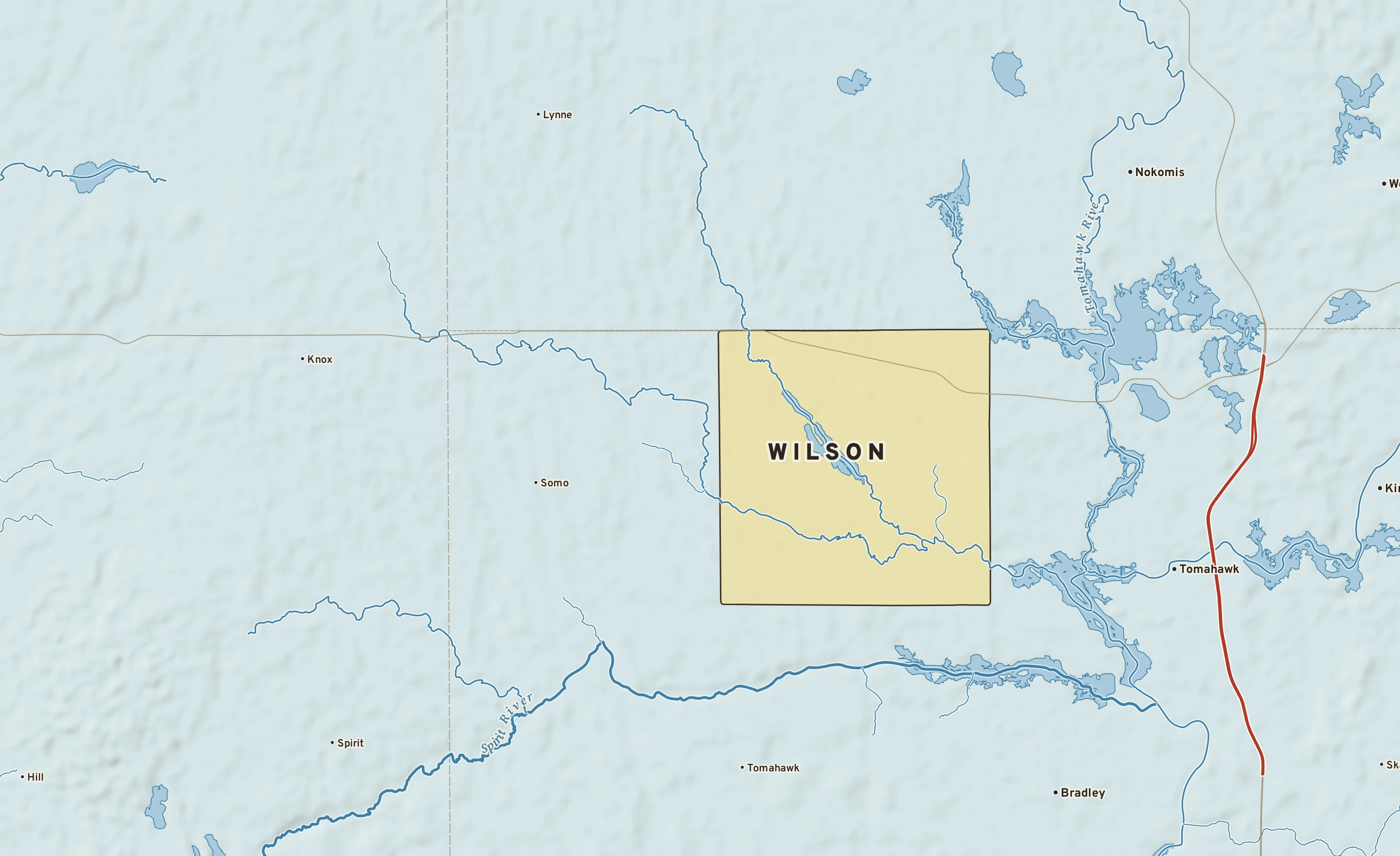 Shaded-relief atlas plate of Wilson, Wisconsin: rivers, roads, the city limits and where the water drains.