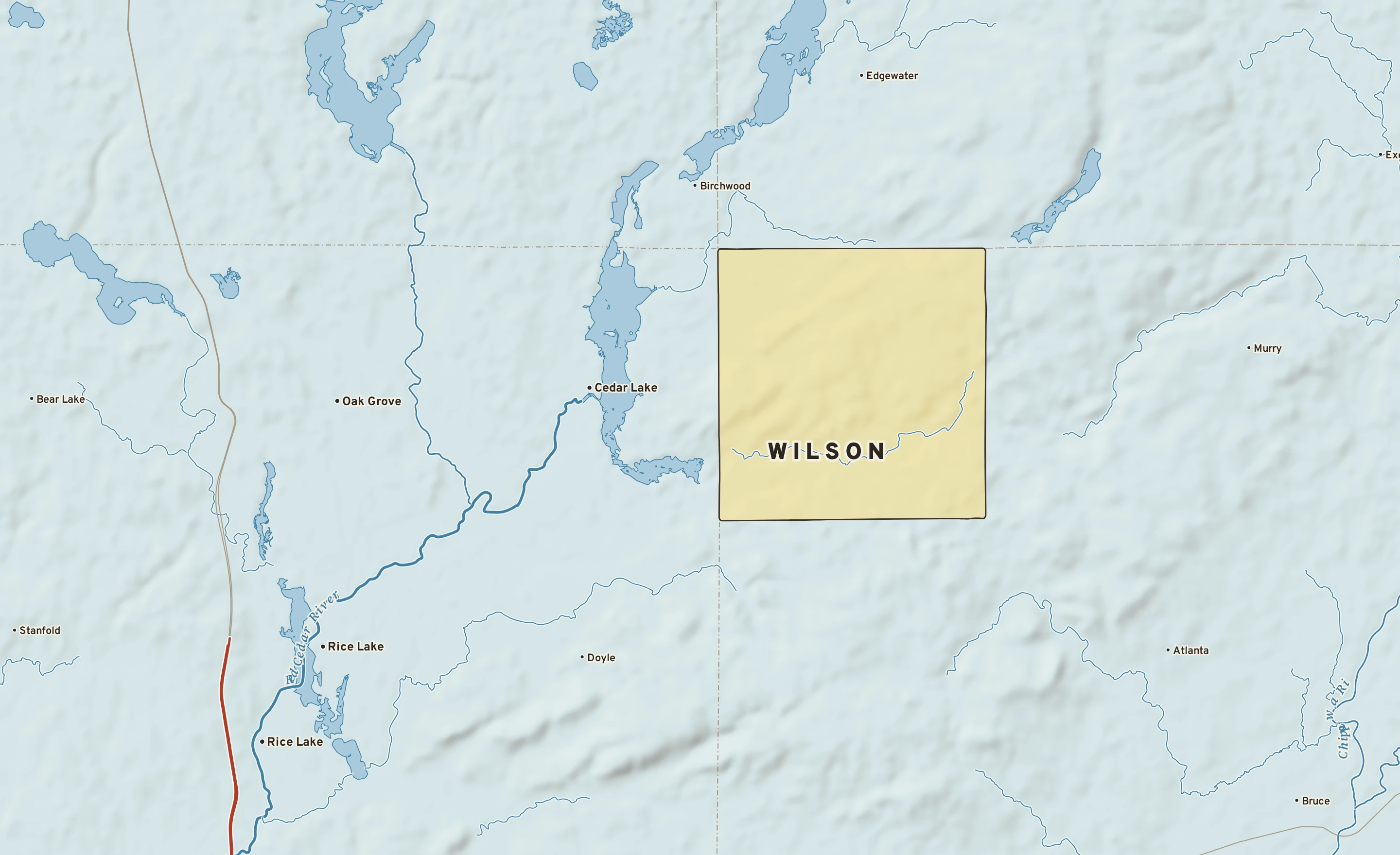 Shaded-relief atlas plate of Wilson, Wisconsin: rivers, roads, the city limits and where the water drains.