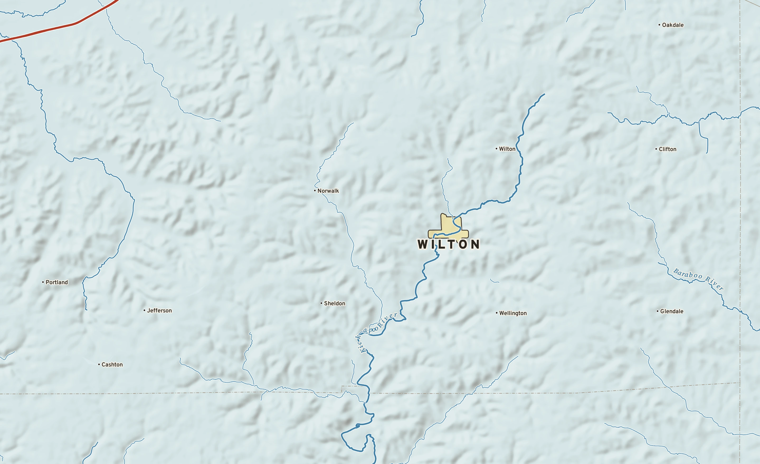 Shaded-relief atlas plate of Wilton, Wisconsin: rivers, roads, the city limits and where the water drains.
