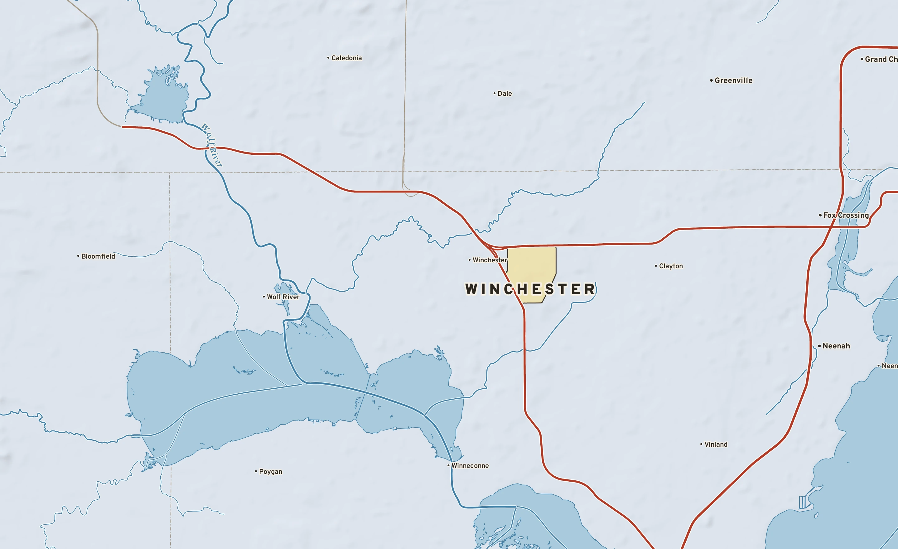 Shaded-relief atlas plate of Winchester, Wisconsin: rivers, roads, the city limits and where the water drains.