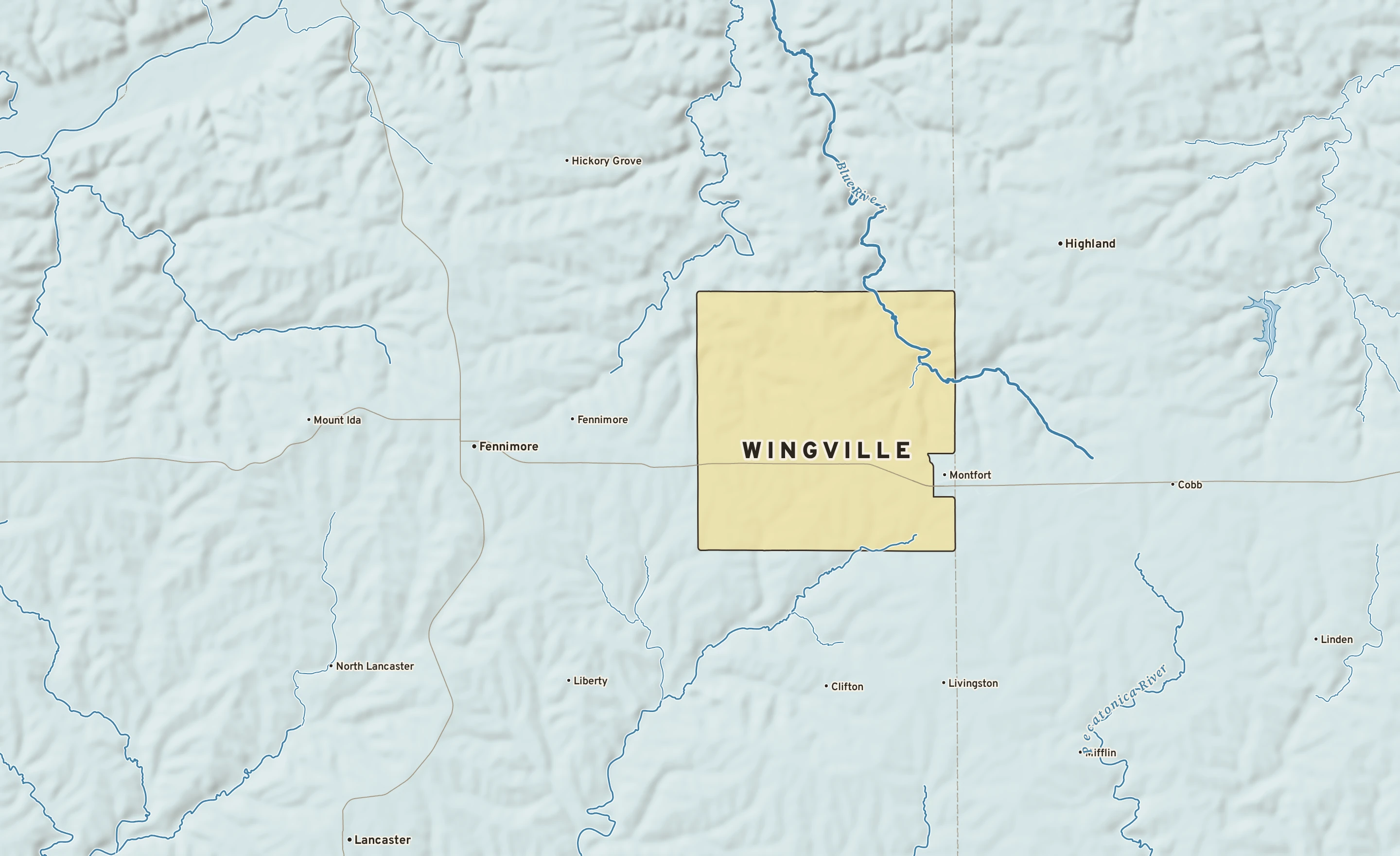 Shaded-relief atlas plate of Wingville, Wisconsin: rivers, roads, the city limits and where the water drains.