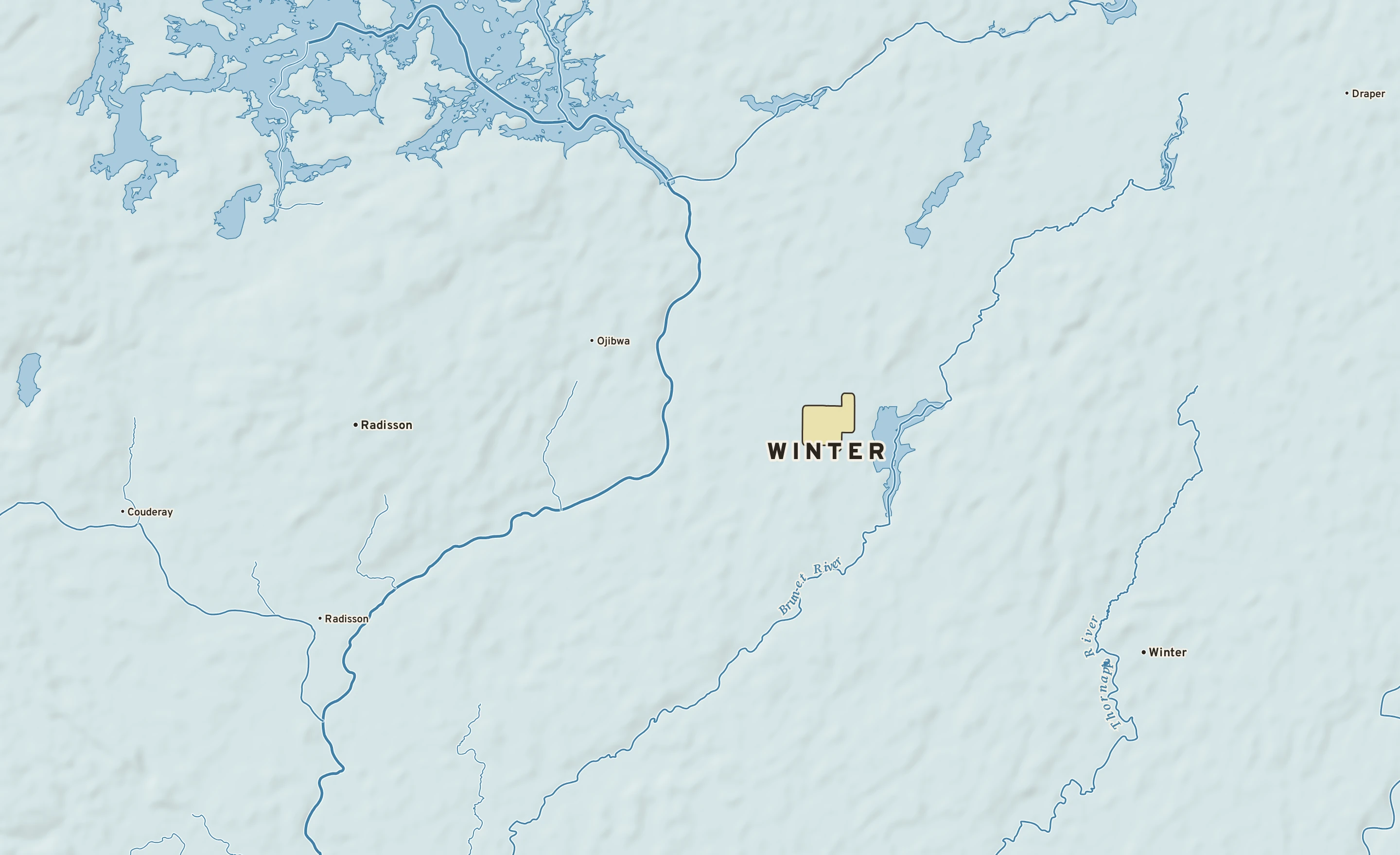 Shaded-relief atlas plate of Winter, Wisconsin: rivers, roads, the city limits and where the water drains.