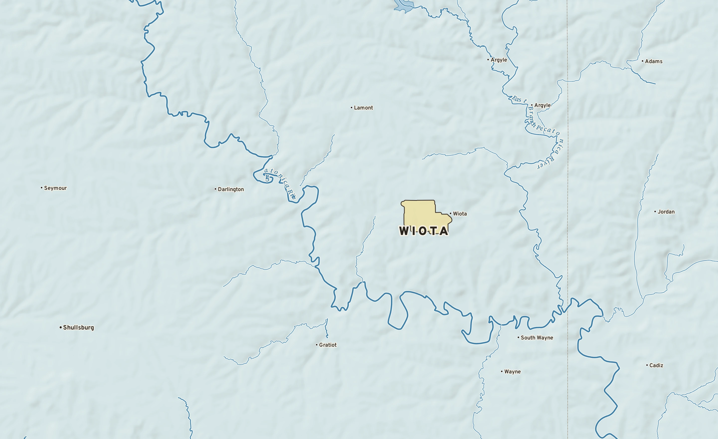 Shaded-relief atlas plate of Wiota, Wisconsin: rivers, roads, the city limits and where the water drains.