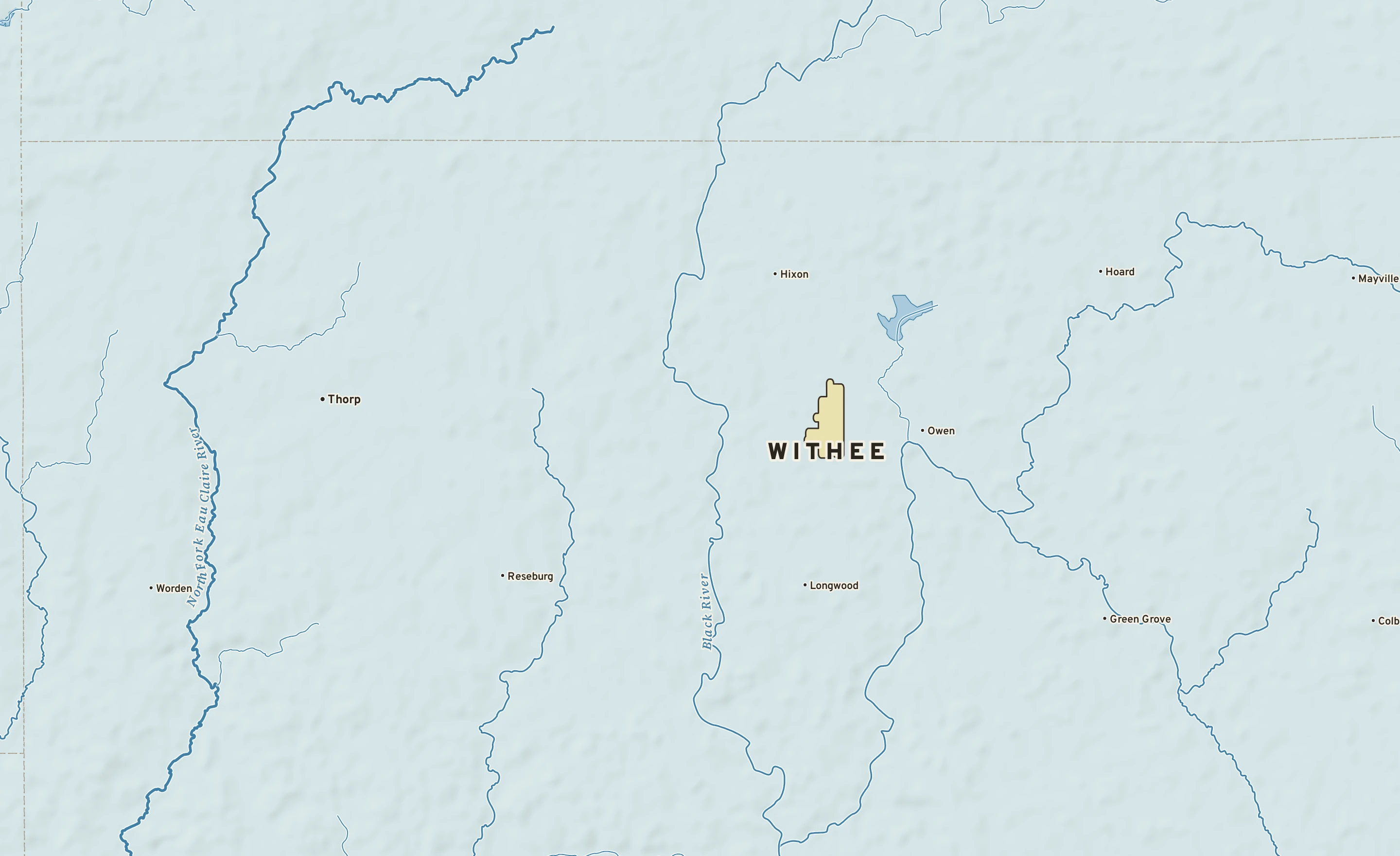 Shaded-relief atlas plate of Withee, Wisconsin: rivers, roads, the city limits and where the water drains.