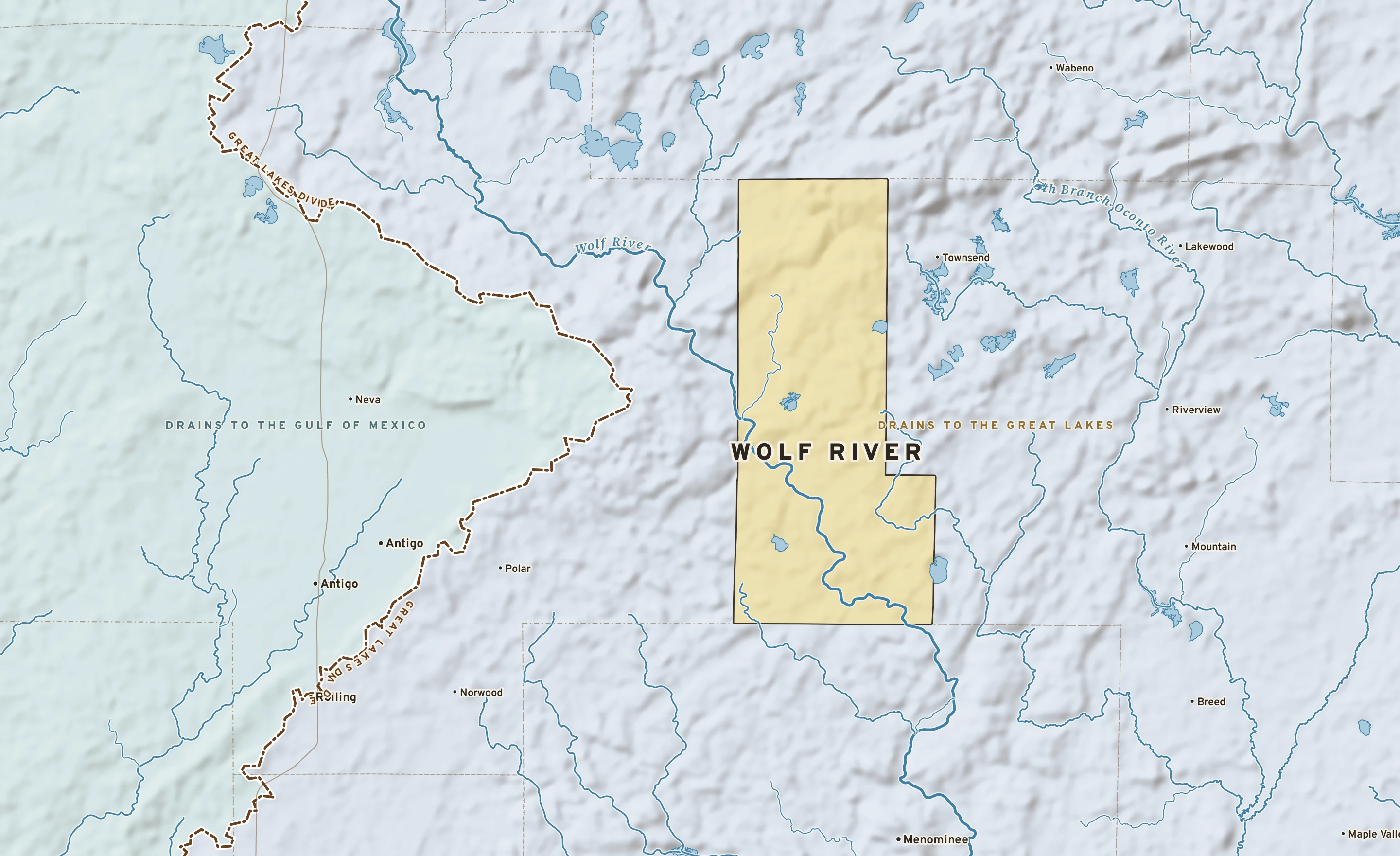 Shaded-relief atlas plate of Wolf River, Wisconsin: rivers, roads, the city limits and where the water drains.