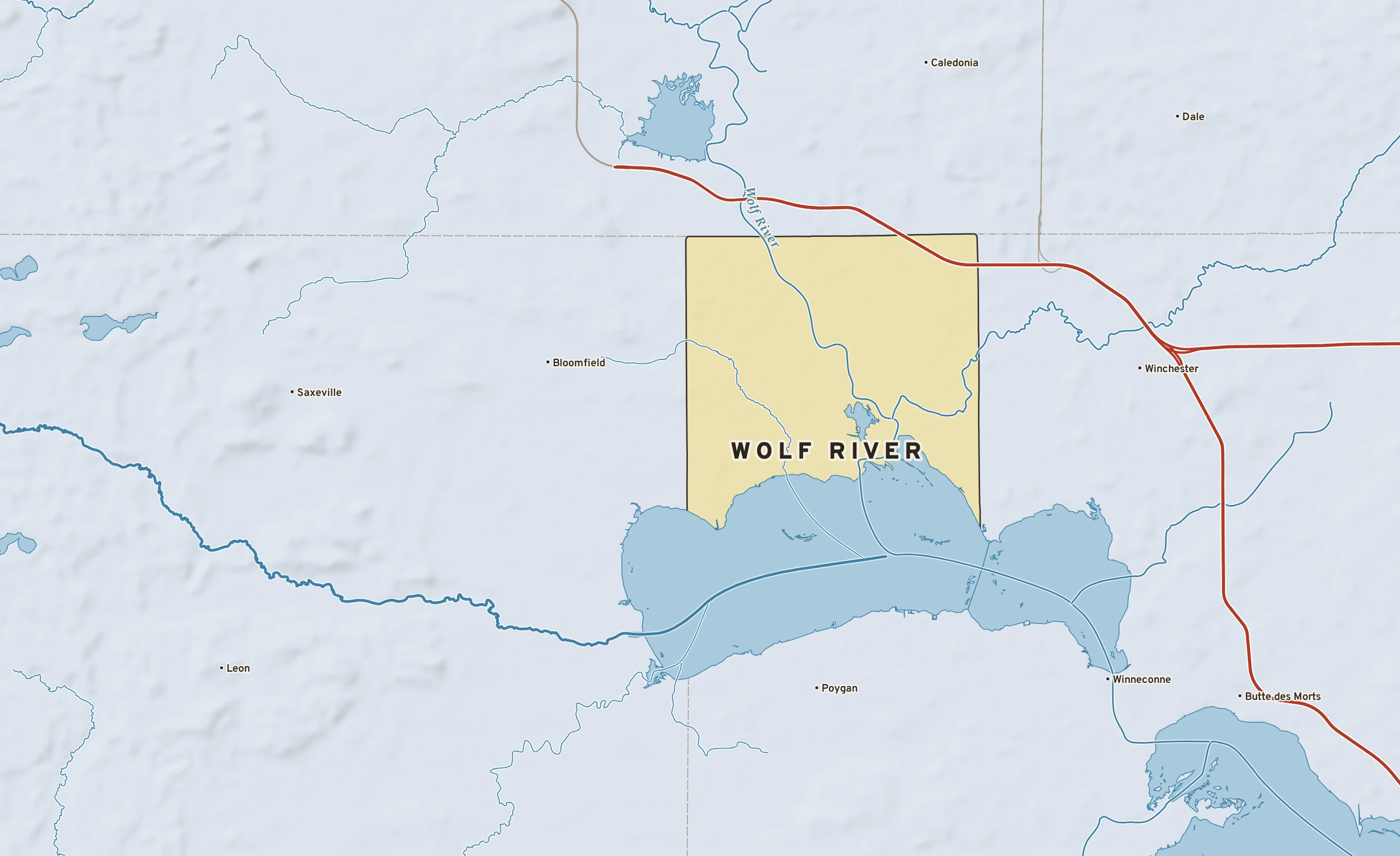 Shaded-relief atlas plate of Wolf River, Wisconsin: rivers, roads, the city limits and where the water drains.