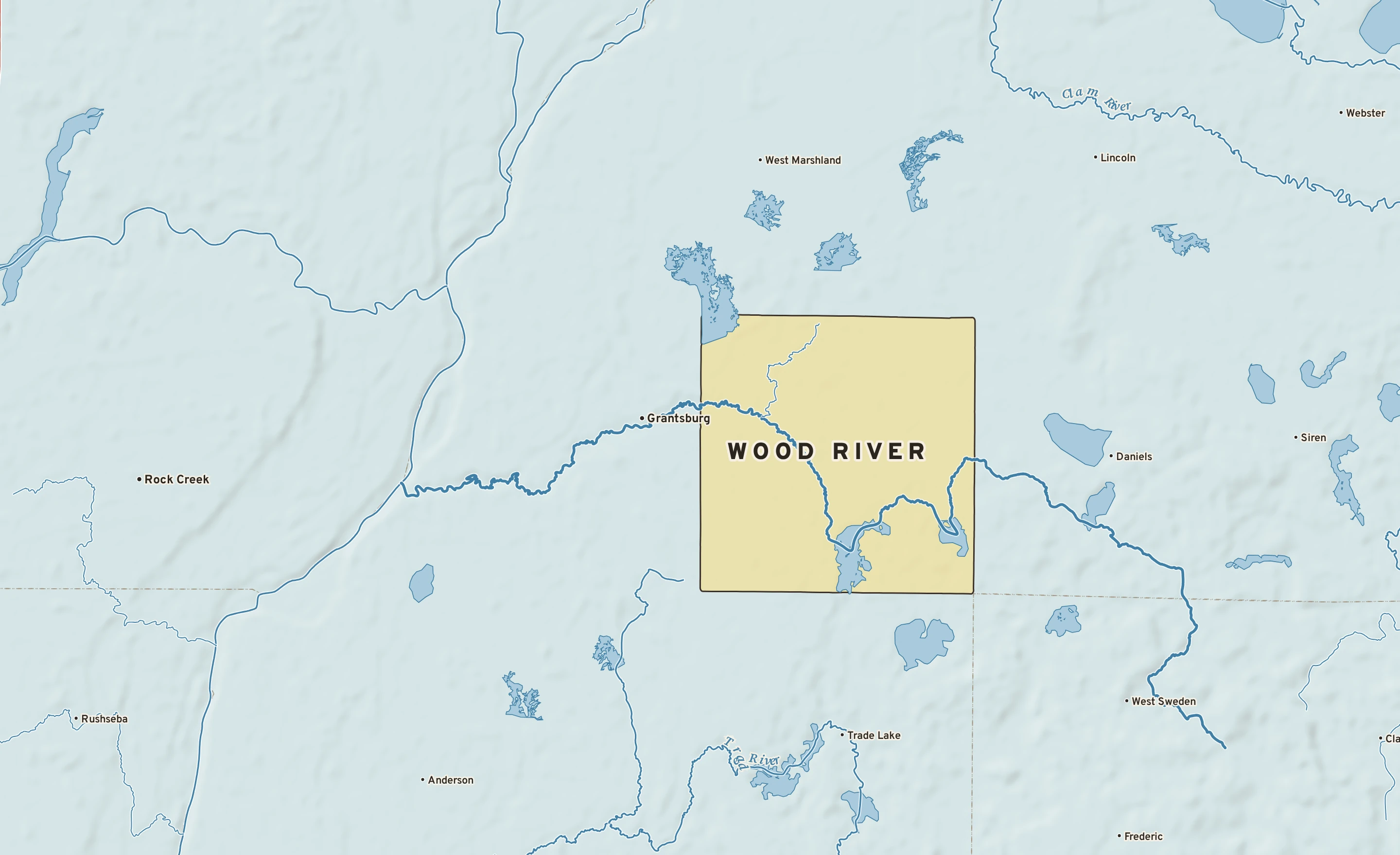 Shaded-relief atlas plate of Wood River, Wisconsin: rivers, roads, the city limits and where the water drains.