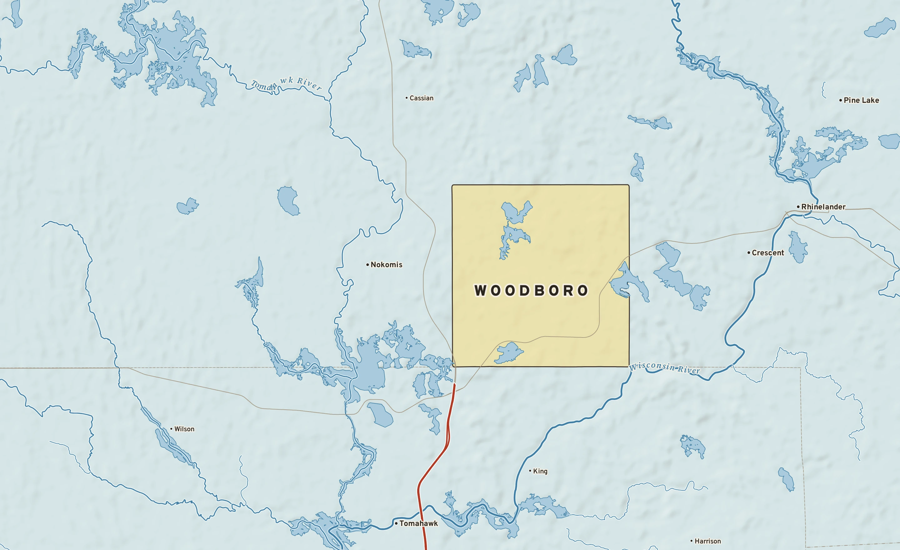 Shaded-relief atlas plate of Woodboro, Wisconsin: rivers, roads, the city limits and where the water drains.