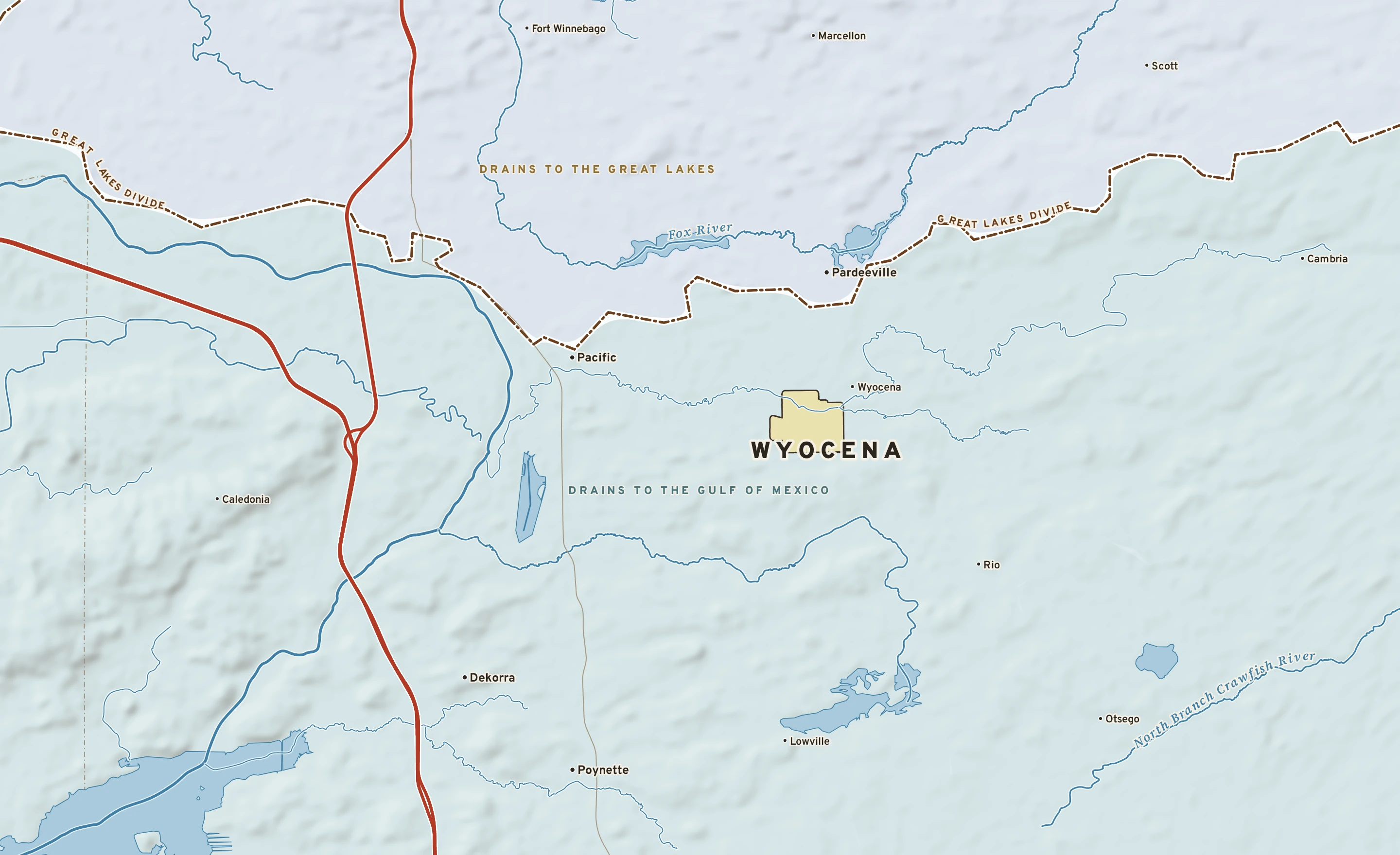 Shaded-relief atlas plate of Wyocena, Wisconsin: rivers, roads, the city limits and where the water drains.