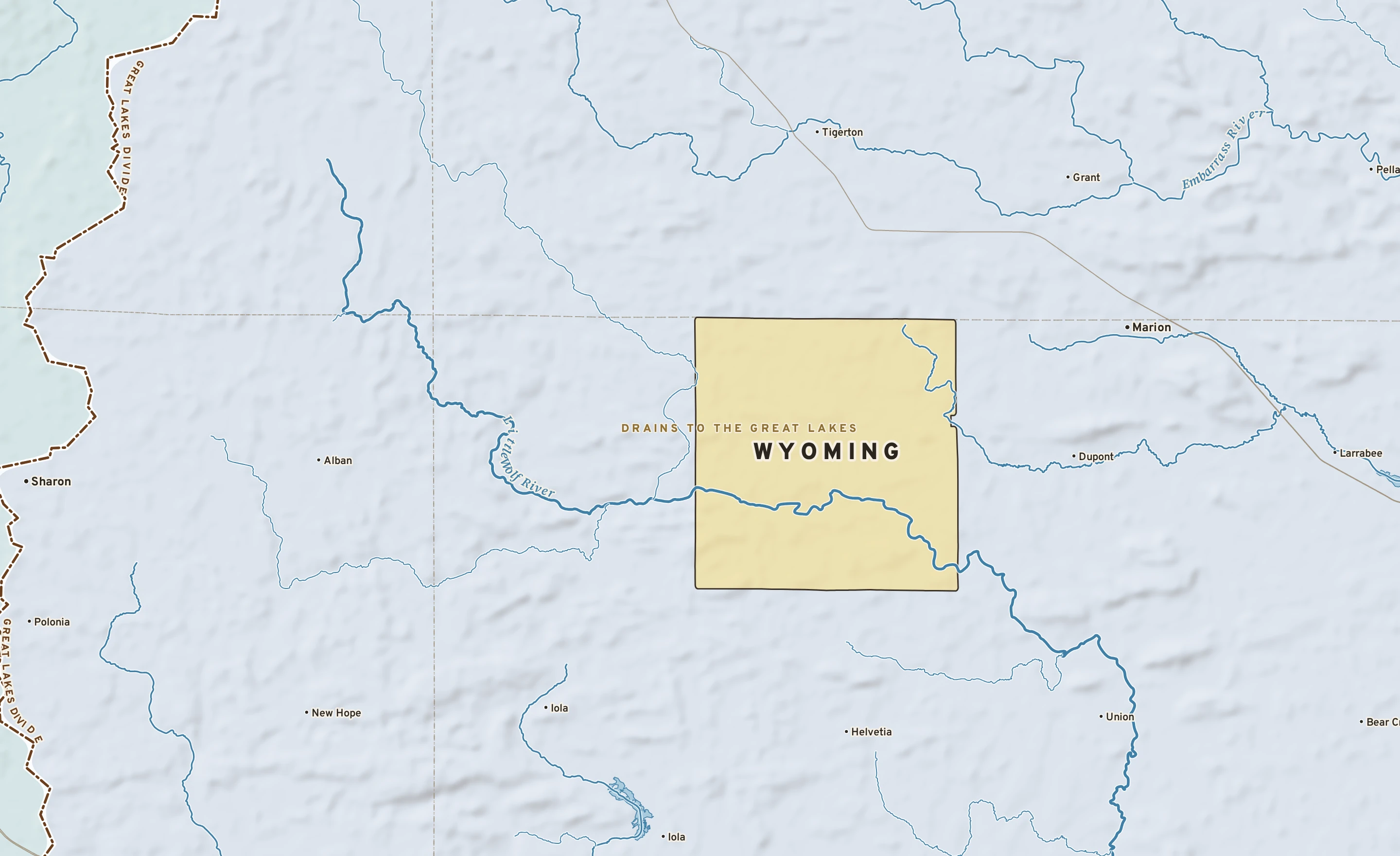 Shaded-relief atlas plate of Wyoming, Wisconsin: rivers, roads, the city limits and where the water drains.