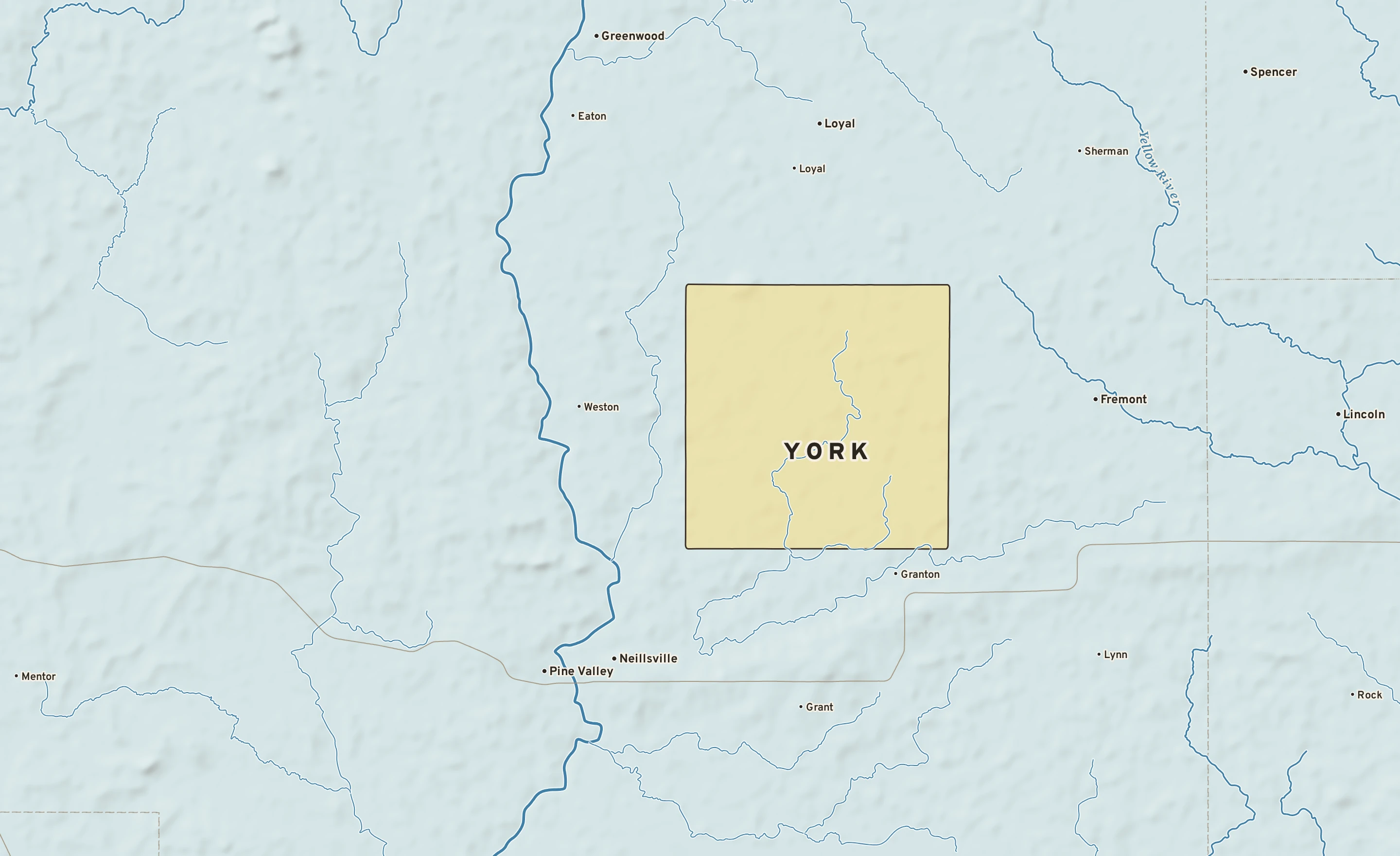 Shaded-relief atlas plate of York, Wisconsin: rivers, roads, the city limits and where the water drains.