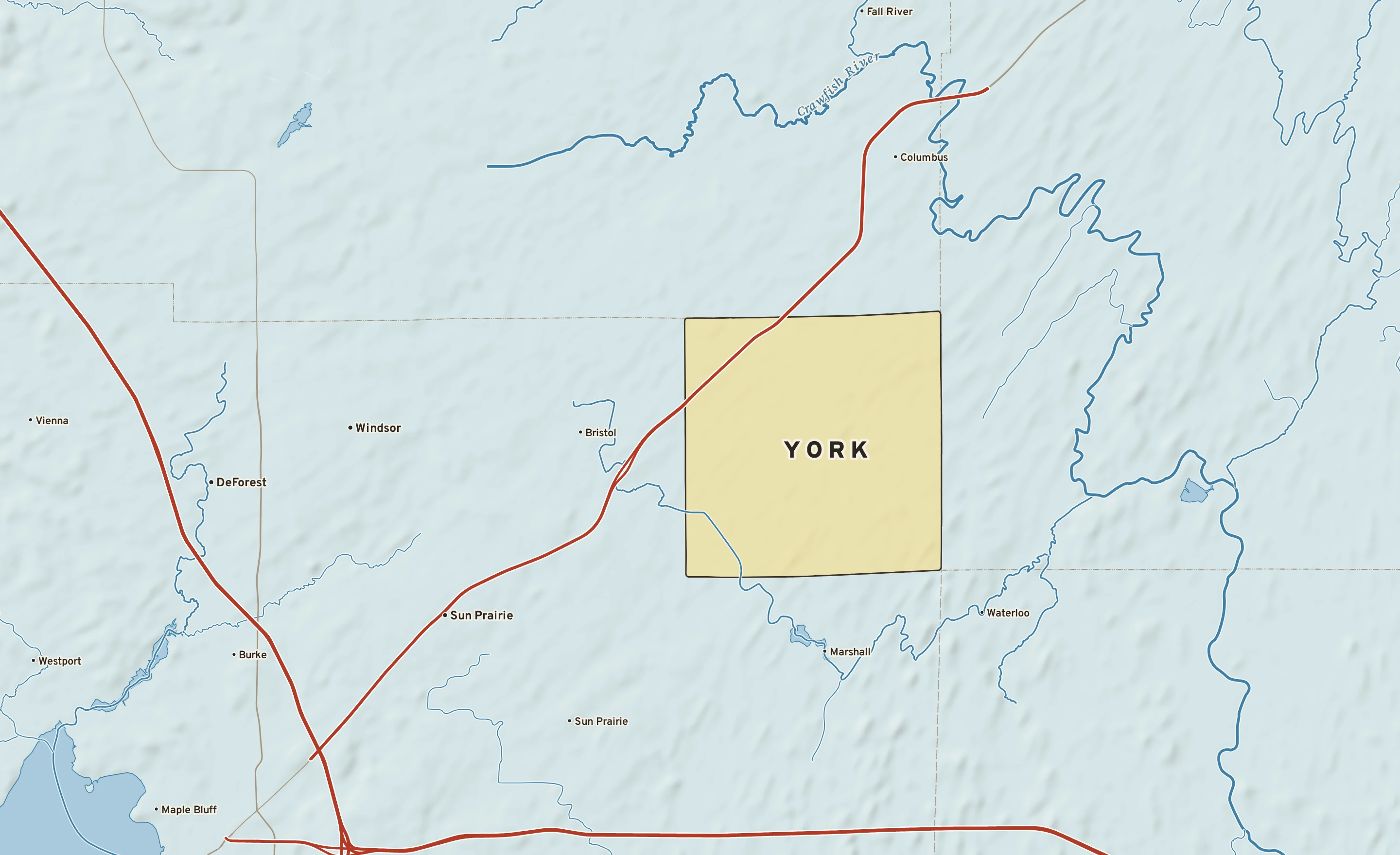 Shaded-relief atlas plate of York, Wisconsin: rivers, roads, the city limits and where the water drains.