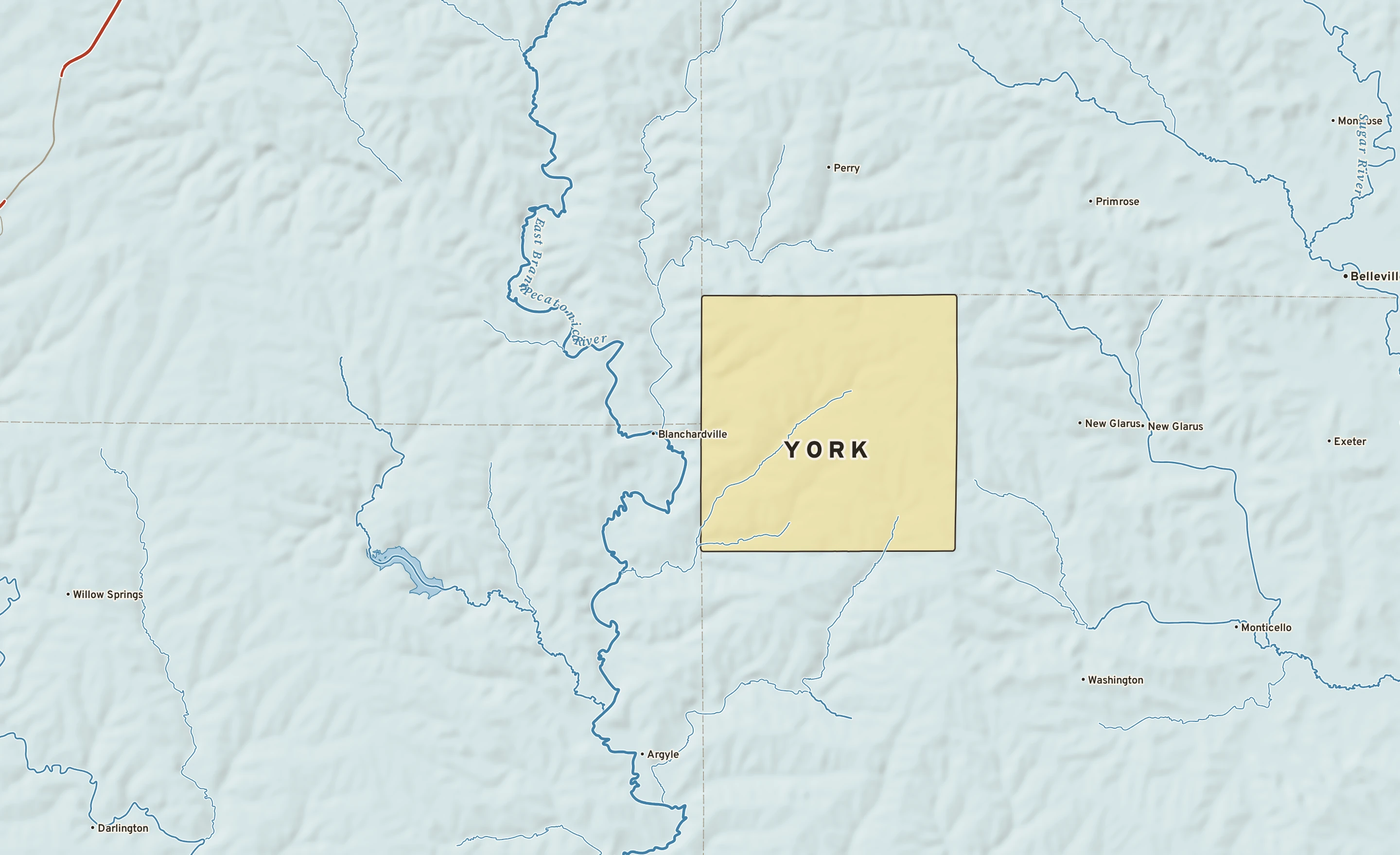 Shaded-relief atlas plate of York, Wisconsin: rivers, roads, the city limits and where the water drains.