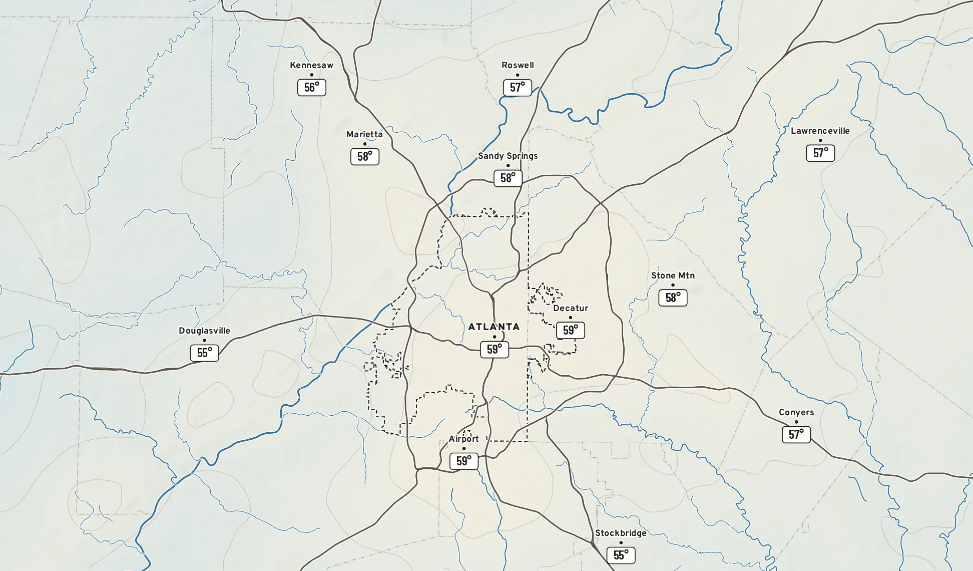 Analyzed temperature now: Downtown was 59°; the metro ran from 55° at Douglasville to 59° at the downtown.