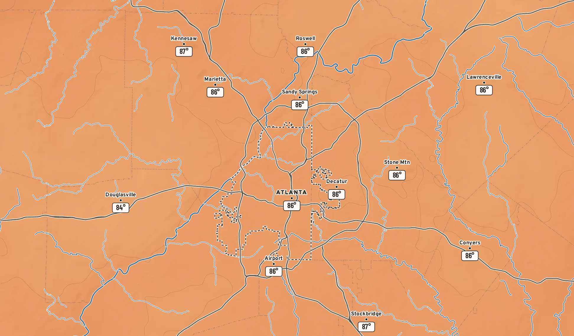 Temperature map of metro Atlanta, Wednesday 5 PM (forecast). Downtown should be near 86°, with 84° at Douglasville and 87° at Kennesaw.