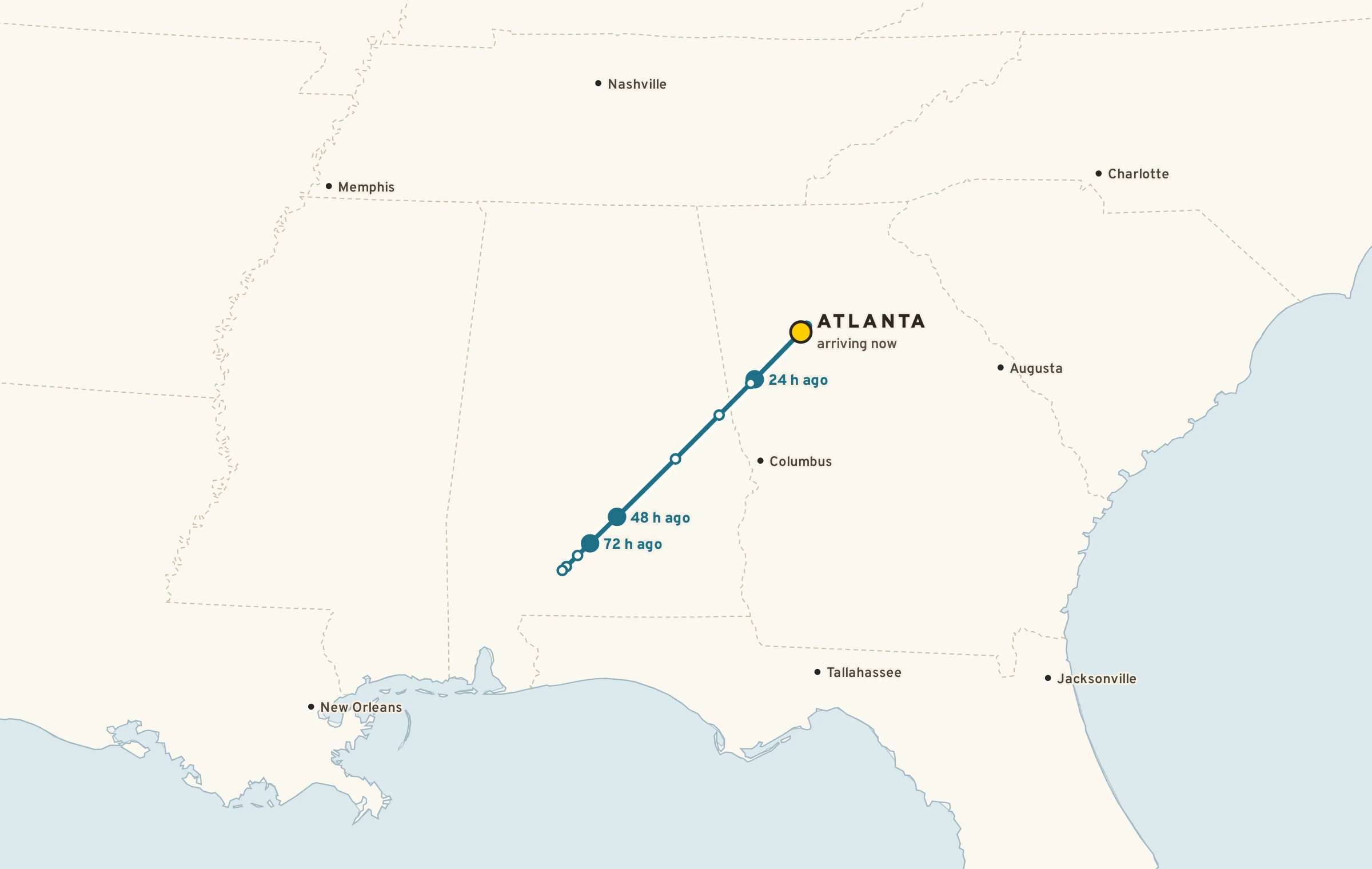 Map of a 72-hour back-trajectory: the air now over Atlanta was over Alabama and Mississippi three days ago.