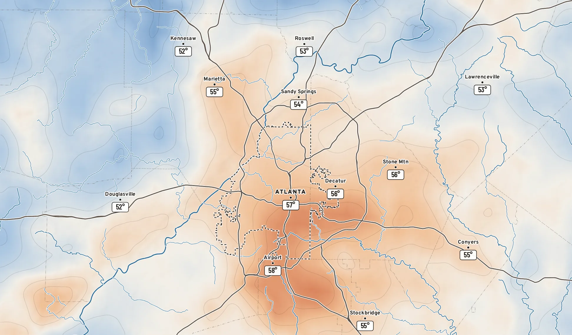 Temperature difference at 5 AM Monday: warmer over downtown, cooler in the suburbs and creek valleys.