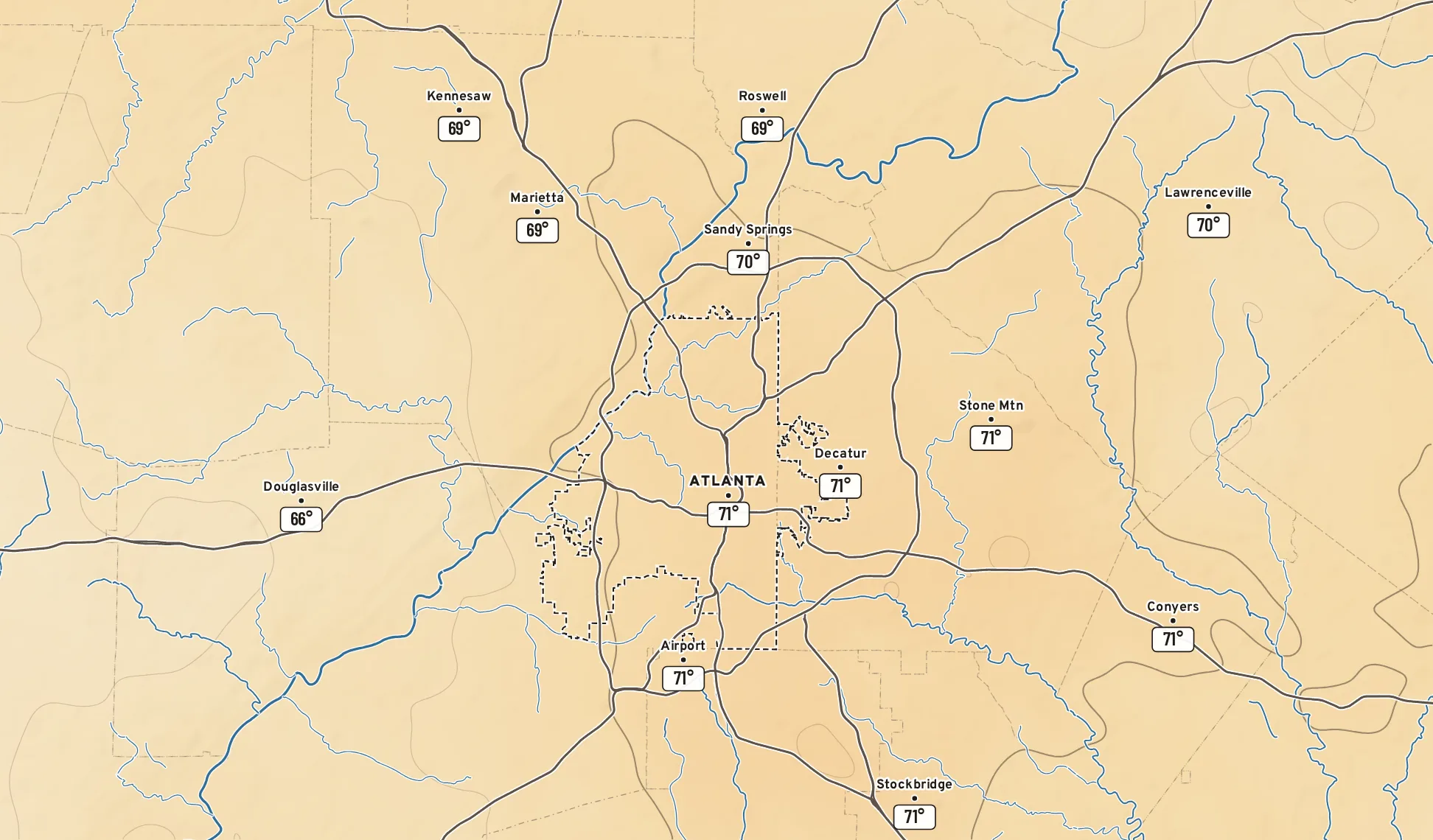 Analyzed temperature now: Downtown was 71°; the metro ran from 66° at Douglasville to 71° at Stockbridge.