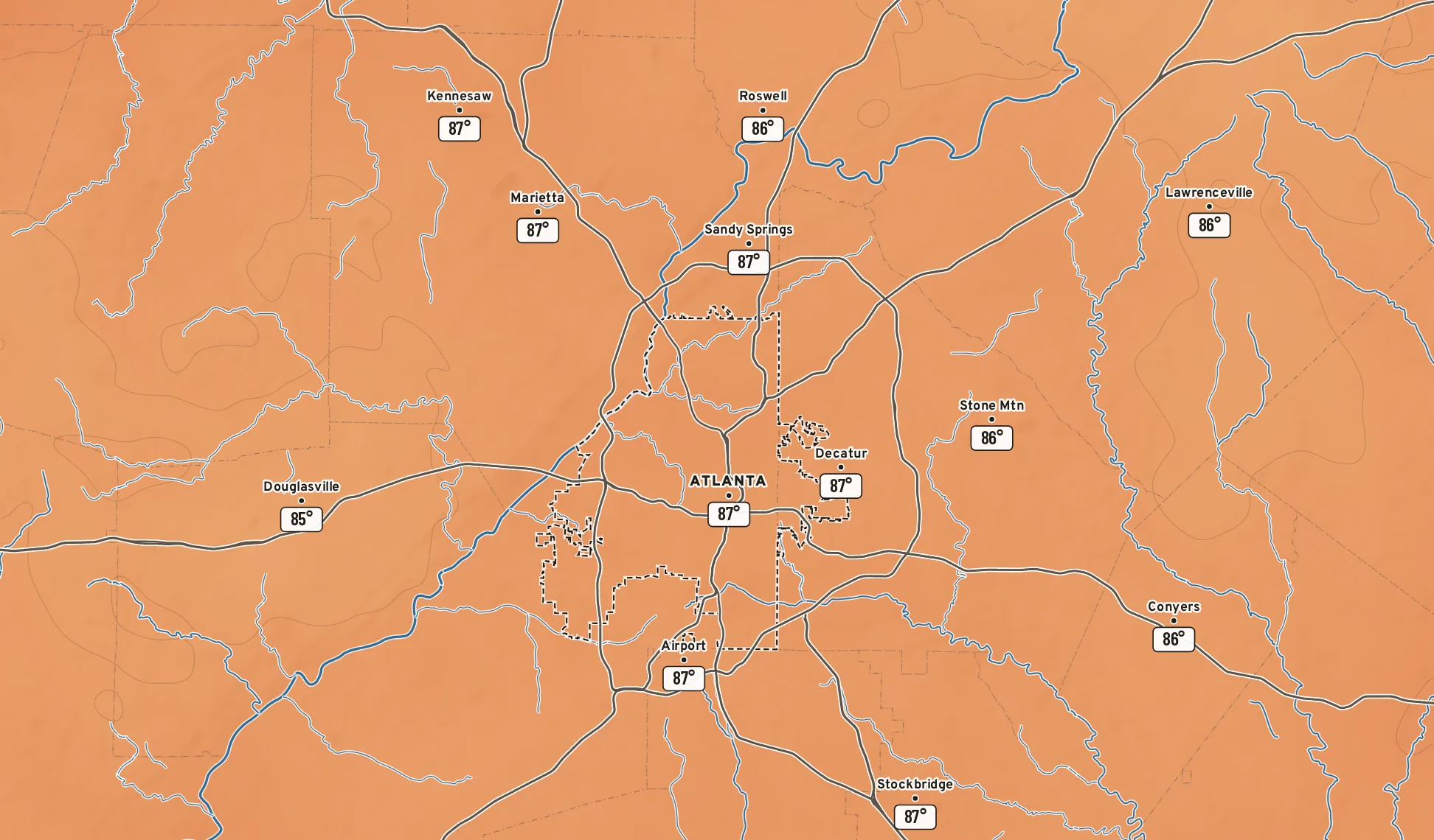 Temperature map of metro Decatur, Wednesday 5 PM (forecast). Downtown should be near 87°, with 85° at Douglasville and 87° at Kennesaw.