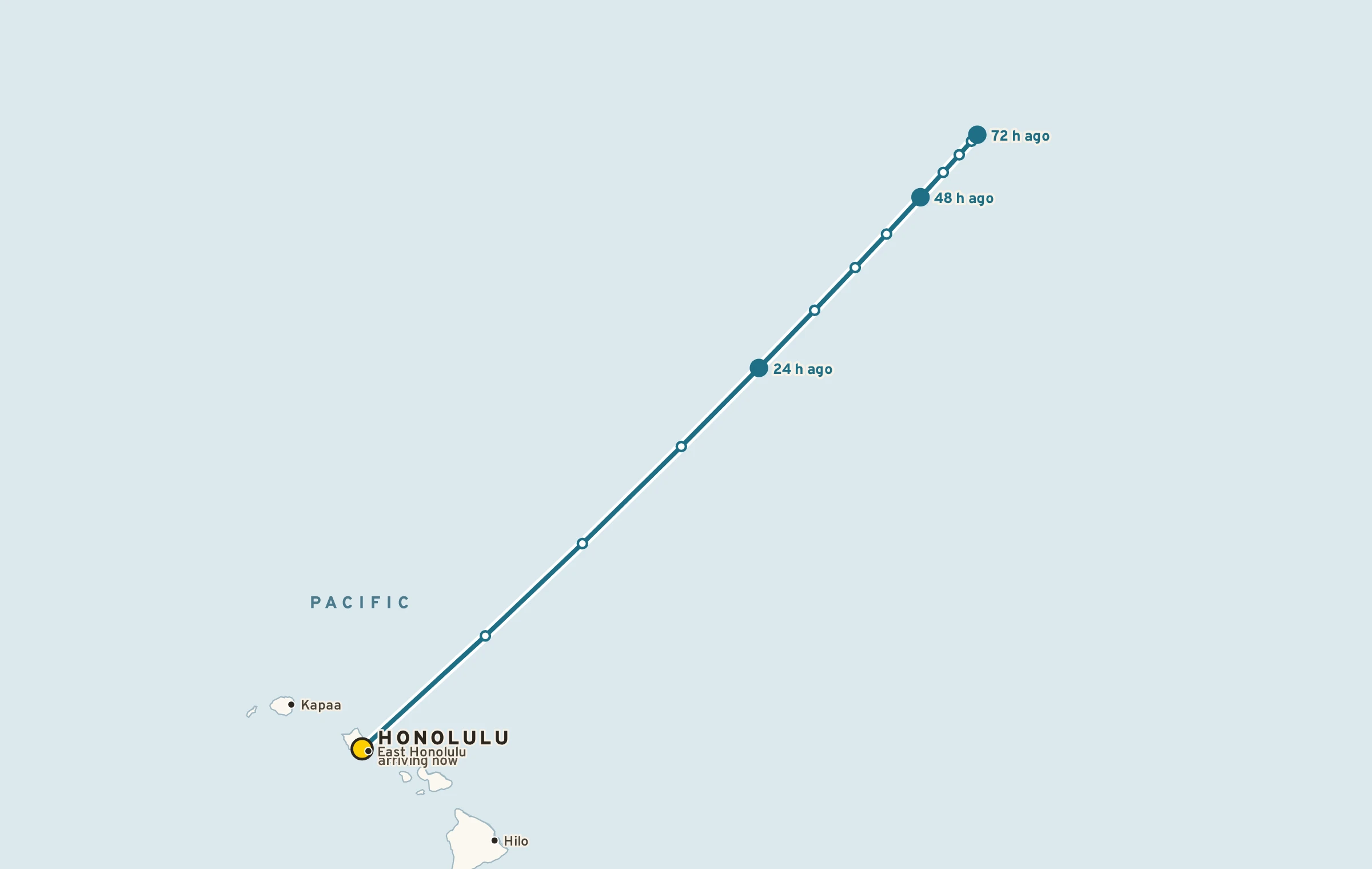 Map of a 72-hour back-trajectory: the air now over Honolulu was over the open Pacific three days ago.