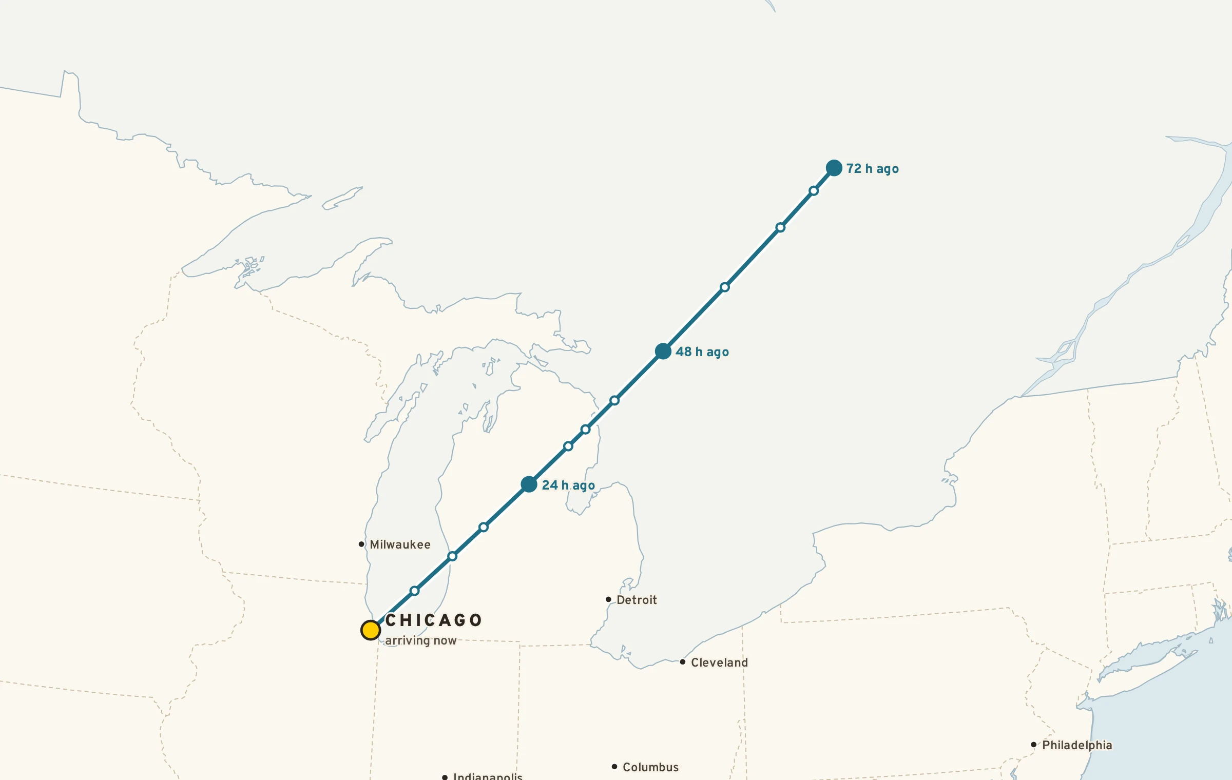 Map of a 72-hour back-trajectory: the air now over Chicago was over the Great Lakes three days ago.