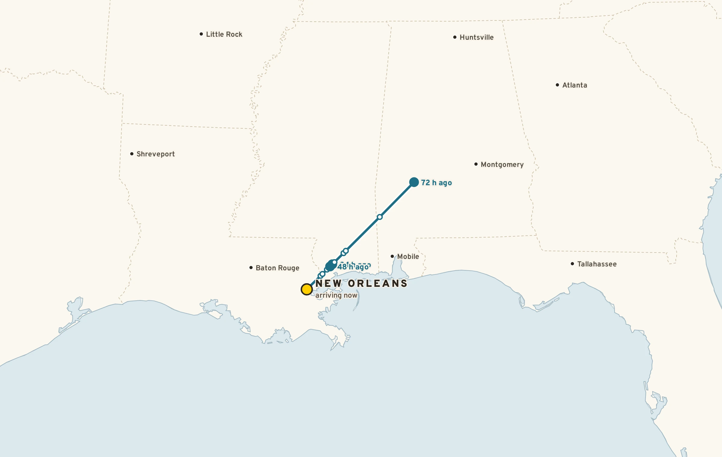 Map of a 72-hour back-trajectory: the air now over New Orleans was over Alabama and Mississippi three days ago.