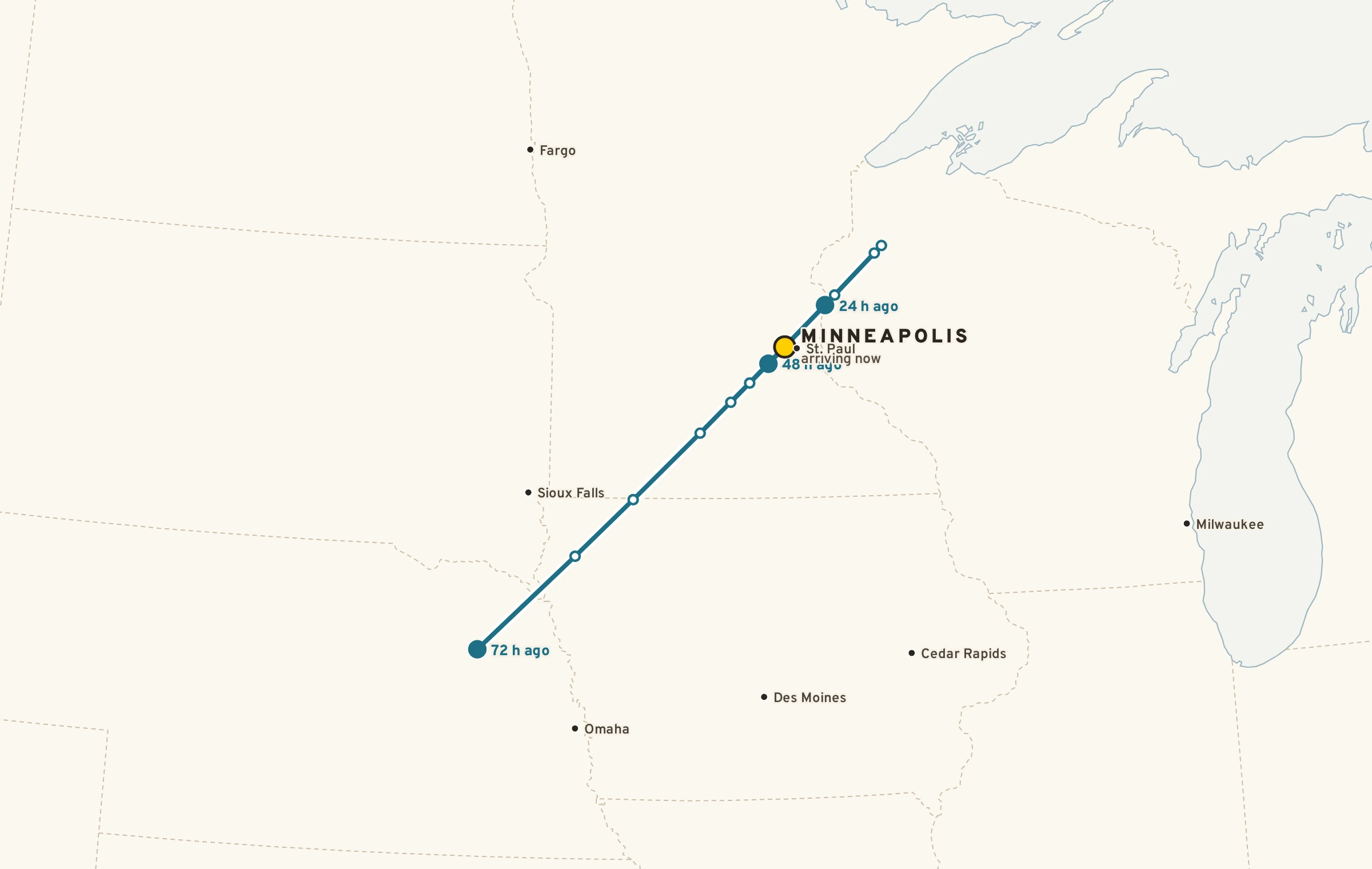 Map of a 72-hour back-trajectory: the air now over Minneapolis was over the central Plains three days ago.