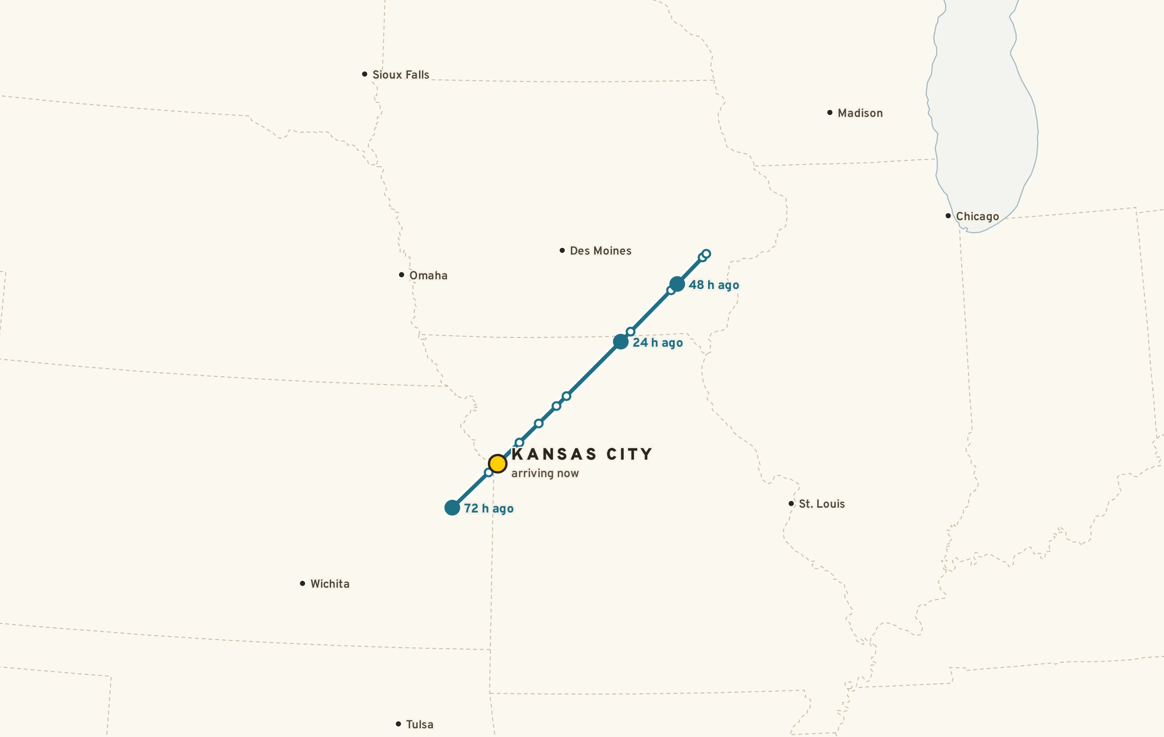 Map of a 72-hour back-trajectory: the air now over Kansas City was over the southern Plains three days ago.
