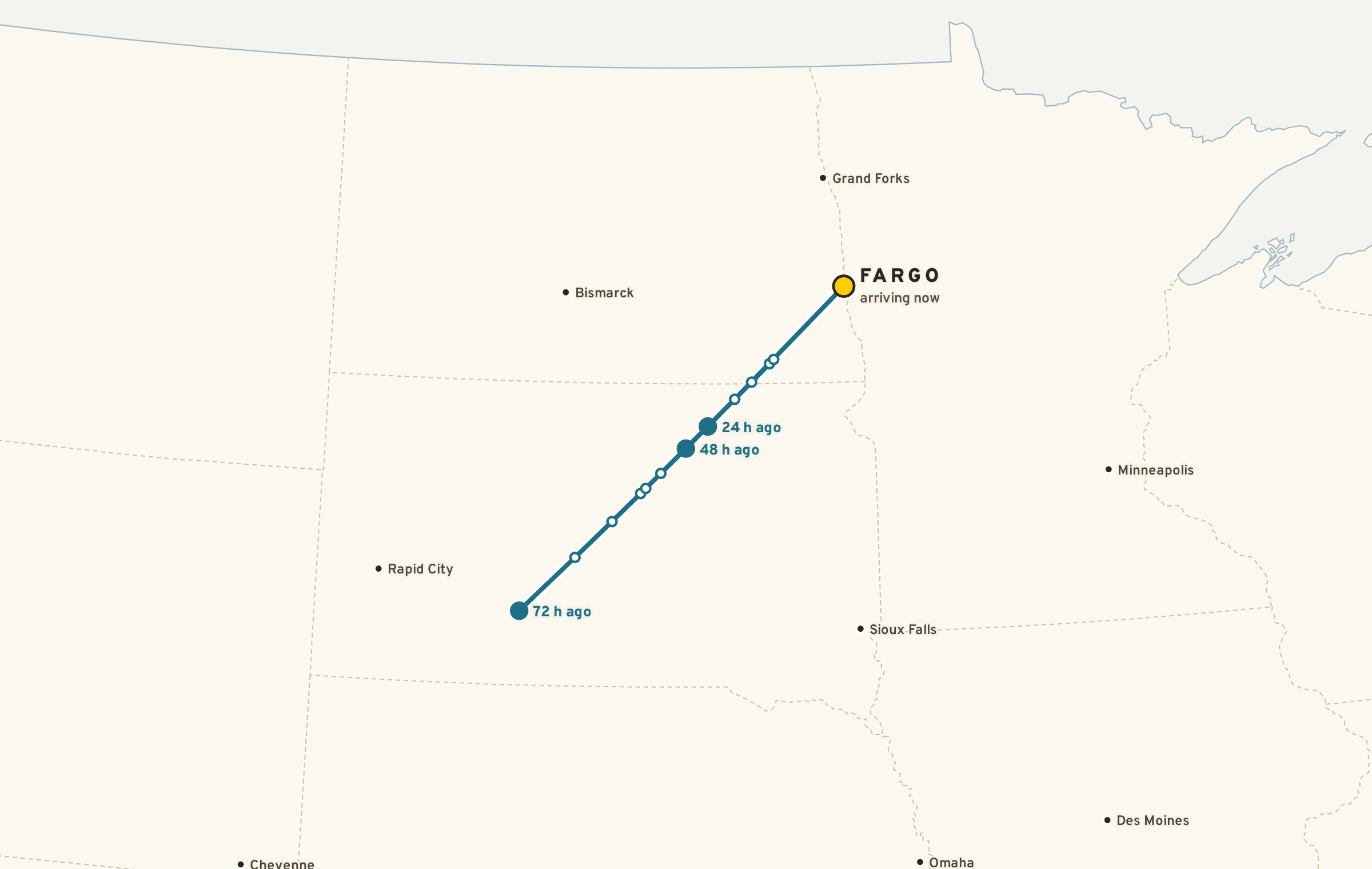 Map of a 72-hour back-trajectory: the air now over Fargo was over the central Plains three days ago.