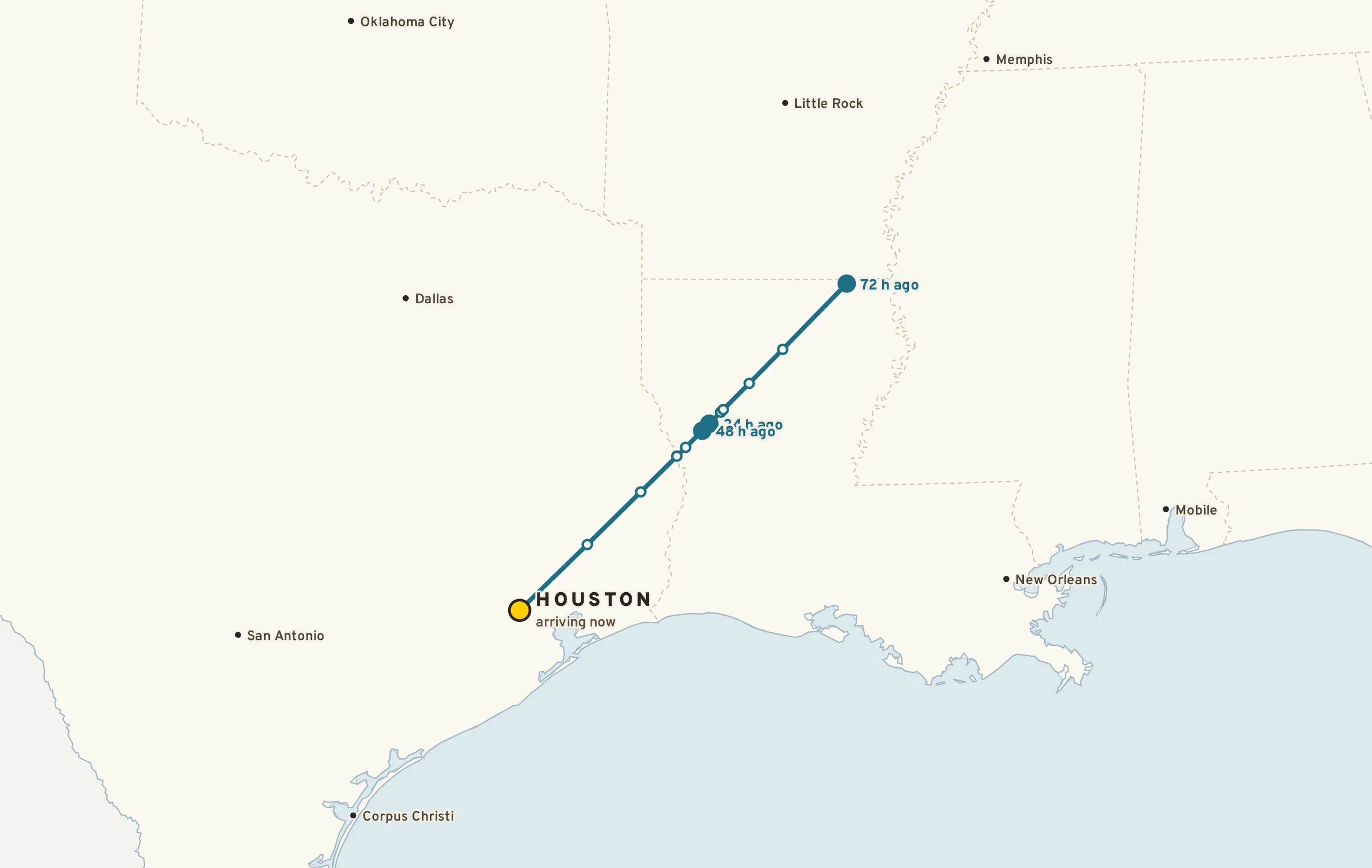 Map of a 72-hour back-trajectory: the air now over Houston was over the Mississippi Valley three days ago.