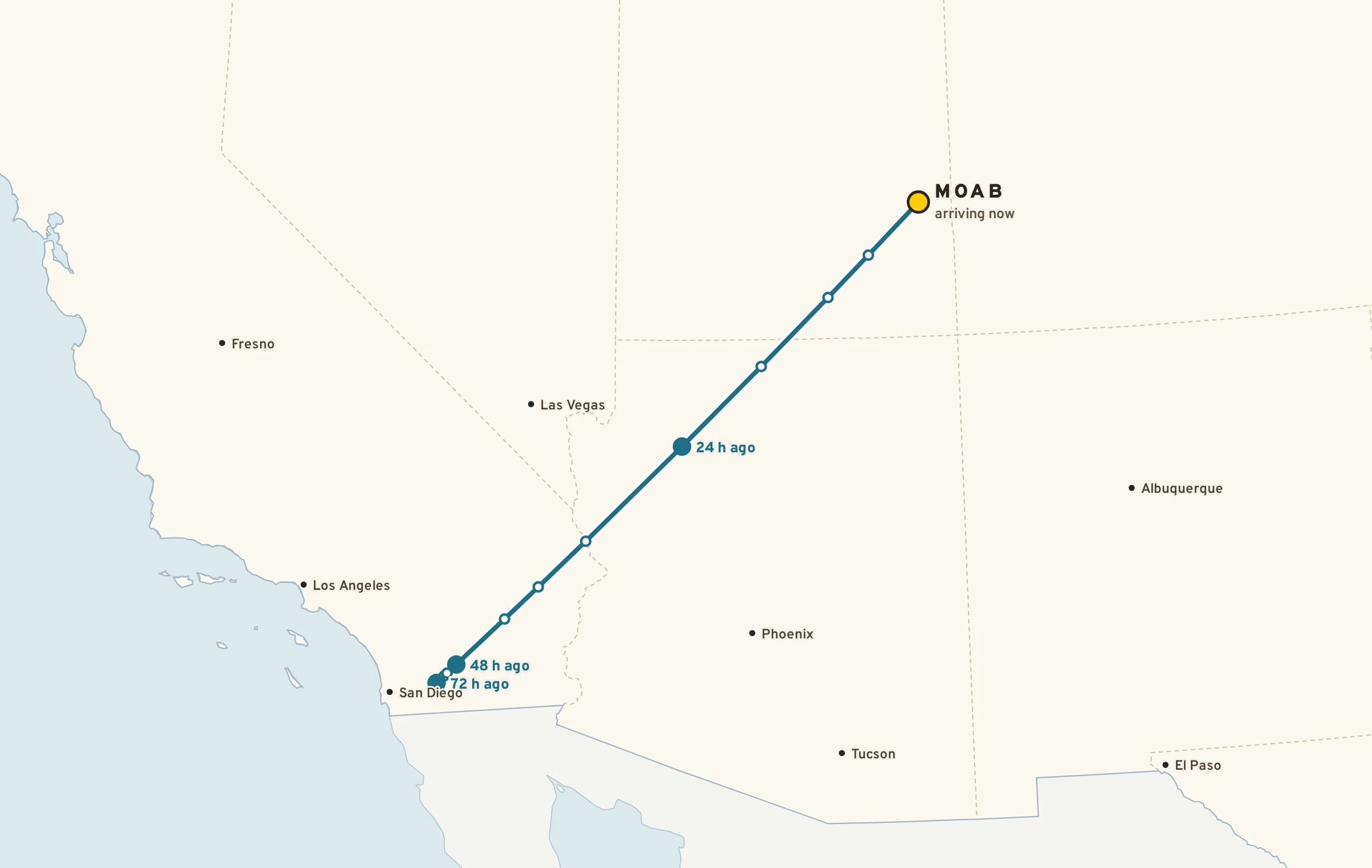 Map of a 72-hour back-trajectory: the air now over Moab was over southern California three days ago.