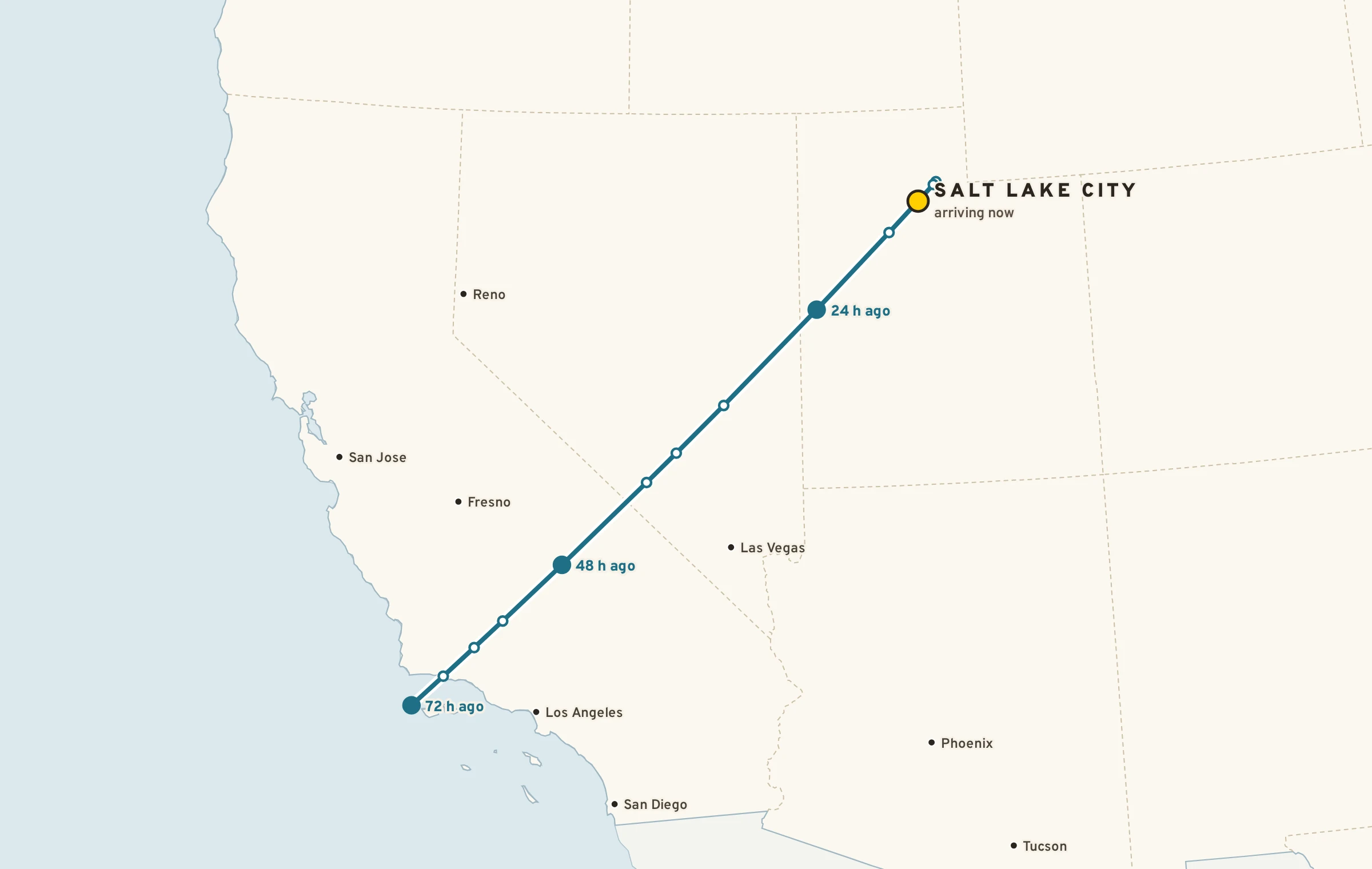 Map of a 72-hour back-trajectory: the air now over Salt Lake City was over southern California three days ago.