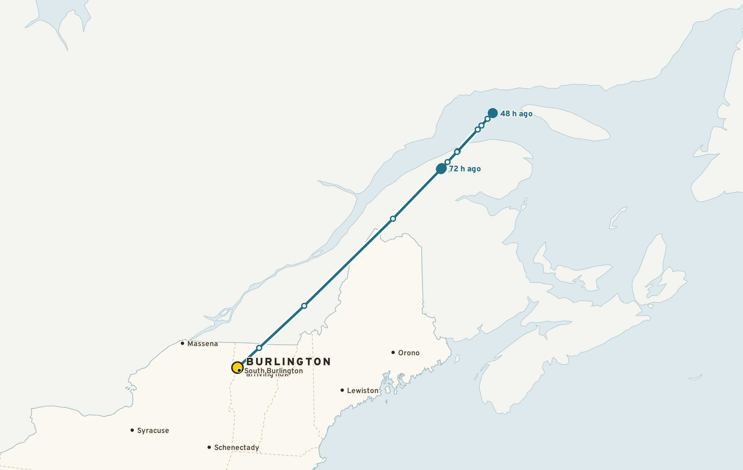 Map of a 72-hour back-trajectory: the air now over Burlington was over Quebec three days ago.