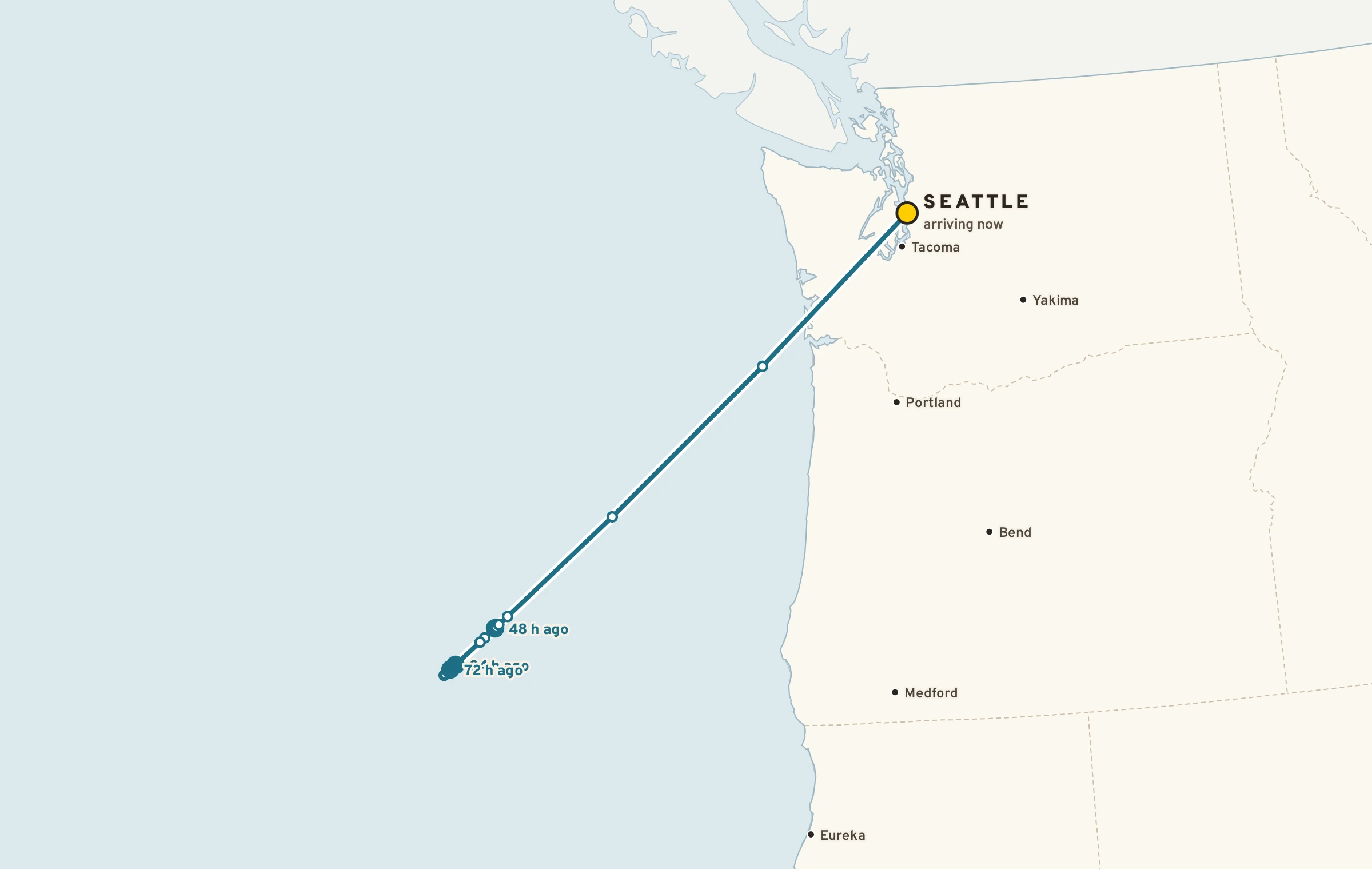 Map of a 72-hour back-trajectory: the air now over Seattle was over the Pacific off the Northwest three days ago.